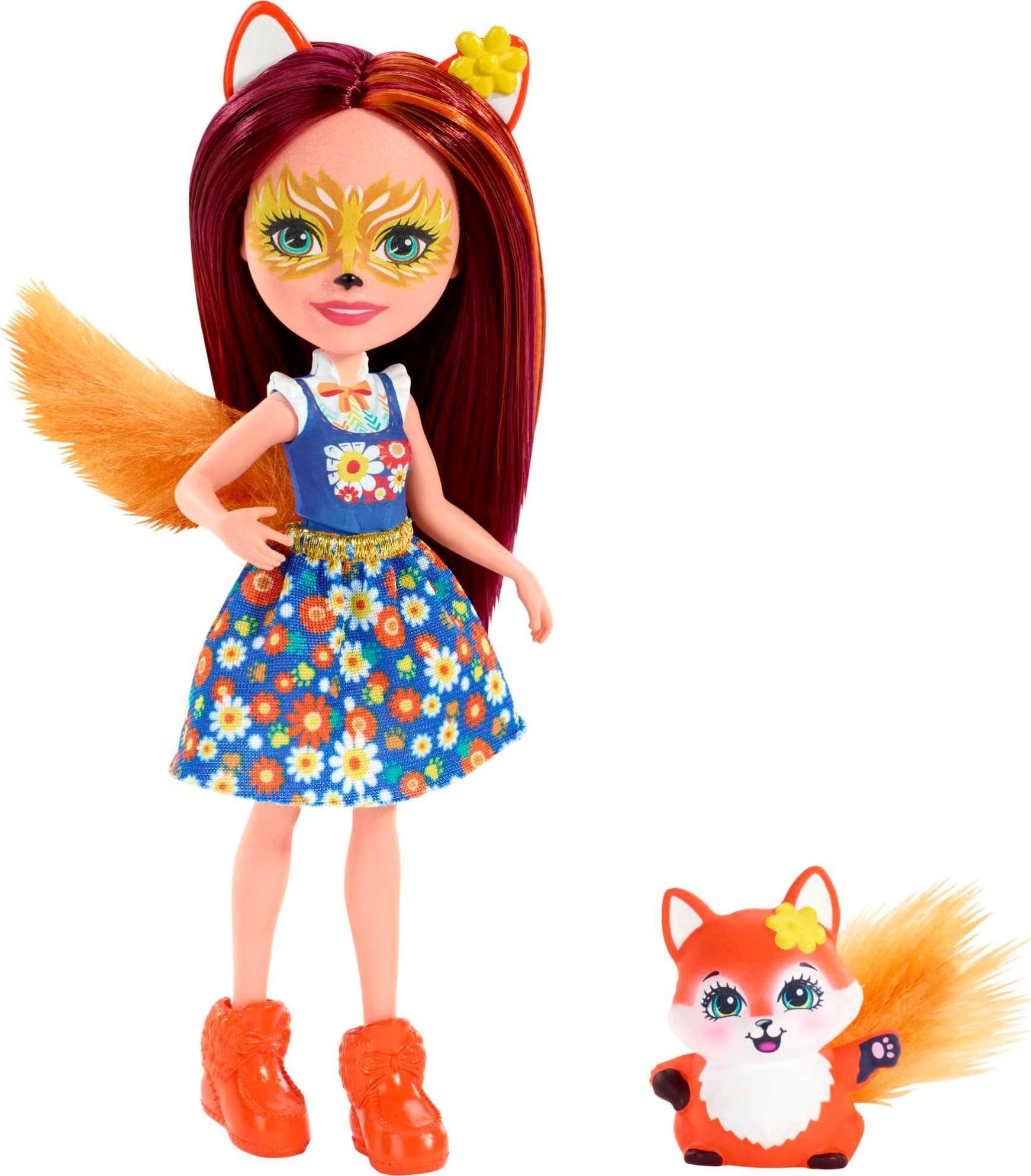 Mattel Enchantimals Felicity Fox Doll & Flick Figure, 6-inch small doll, with long brown hair, animal ears and furry tail, removable skirt and shoes