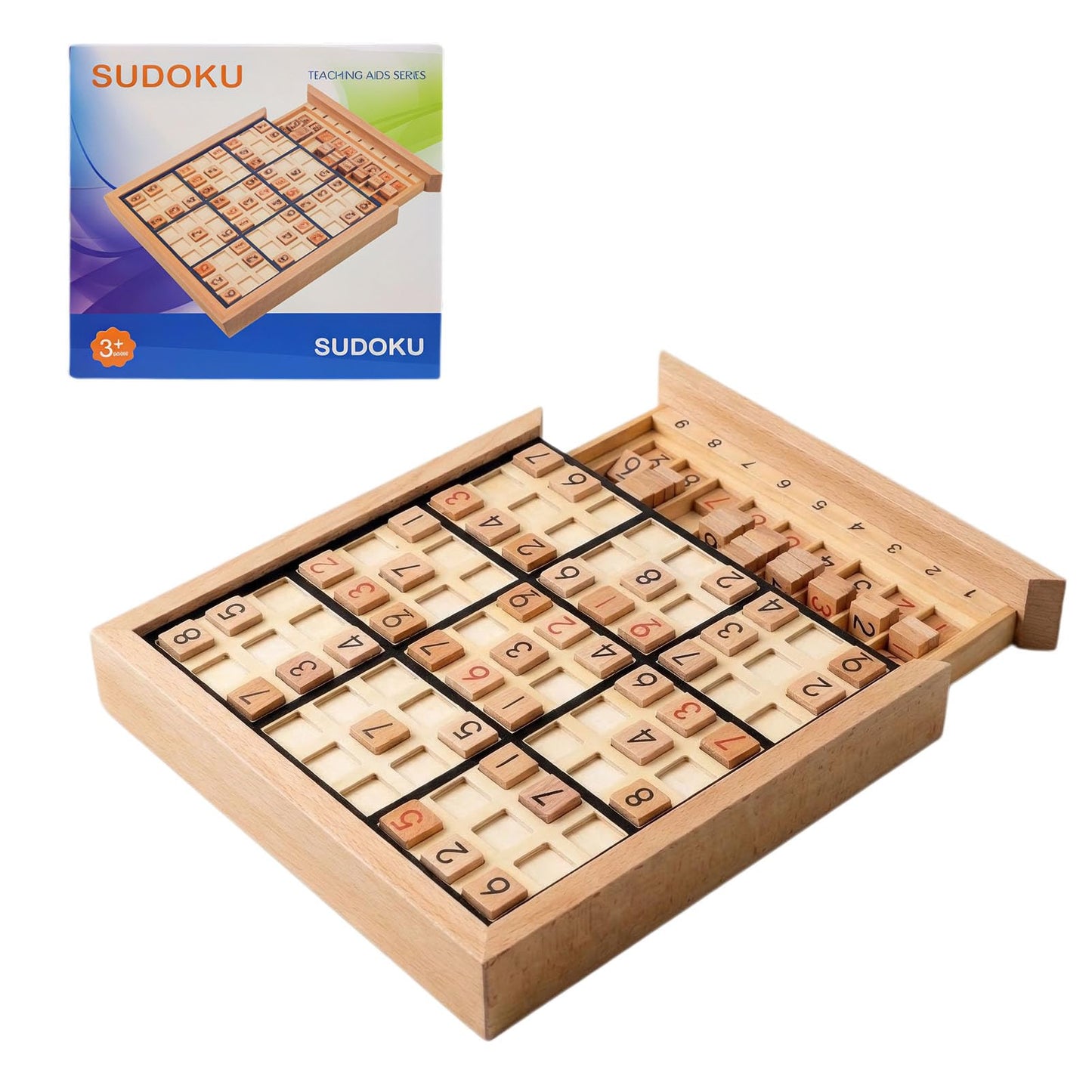 Wooden Sudoku Puzzle Board with Drawer, 200 Puzzles Brain Teaser for Adults, Logic Math Puzzle Desktop Game for Thinking Ability