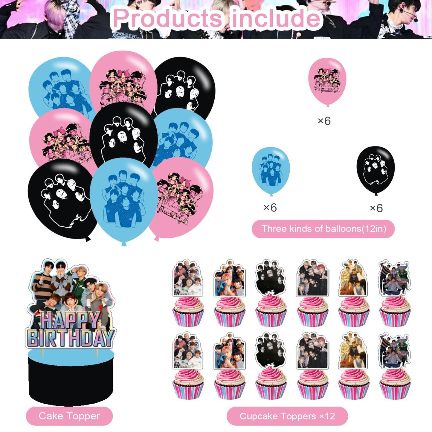 E-NHYPEN Themed Birthday Party Supplies - Team Balloons, Cupcake & Cake Toppers, Singer Fans Latex Balloons