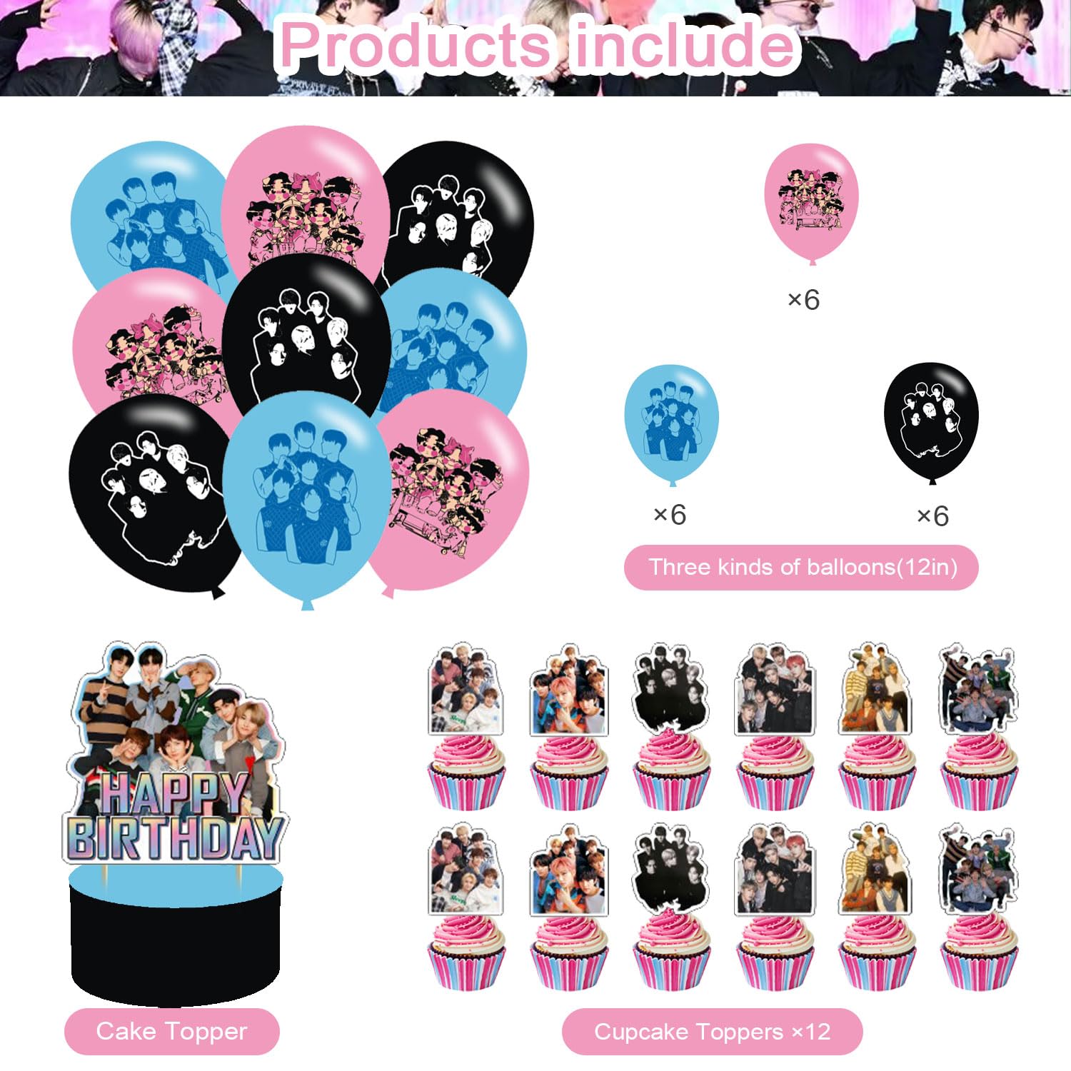 E-NHYPEN Themed Birthday Party Supplies - Team Balloons, Cupcake & Cake Toppers, Singer Fans Latex Balloons