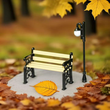 Miniature Lamppost & Bench Set (1:24 Scale): Metal & Wood Outdoor Scene Accessories for Dollhouse Garden, Park Decor, Adult Collector