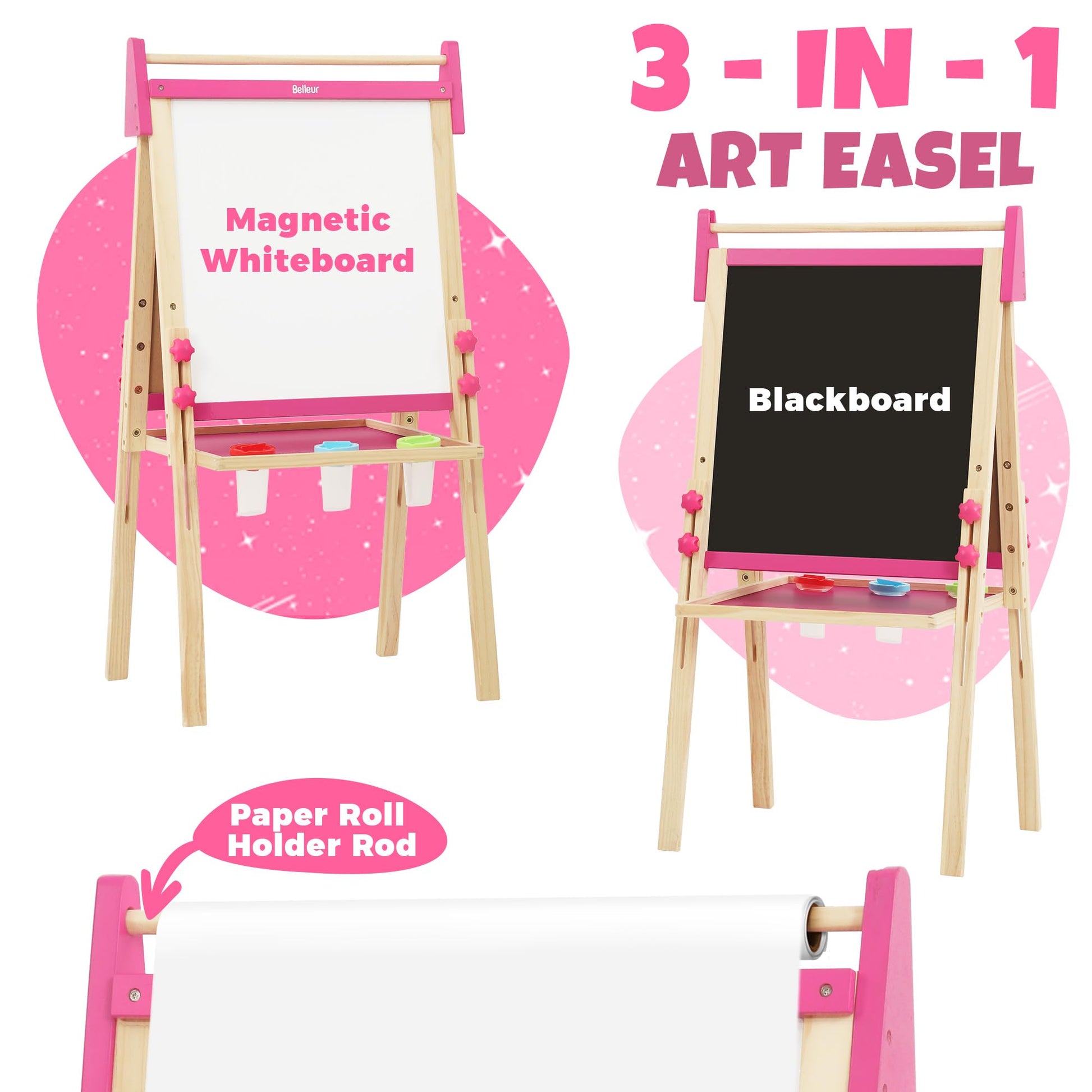 Belleur Wooden Art Easel for Kids 2+, Adjustable Double Sided Easel for Toddlers with Dry-Erase Board & Magnetic Whiteboard & Paper Roll Rod, 28"-40"