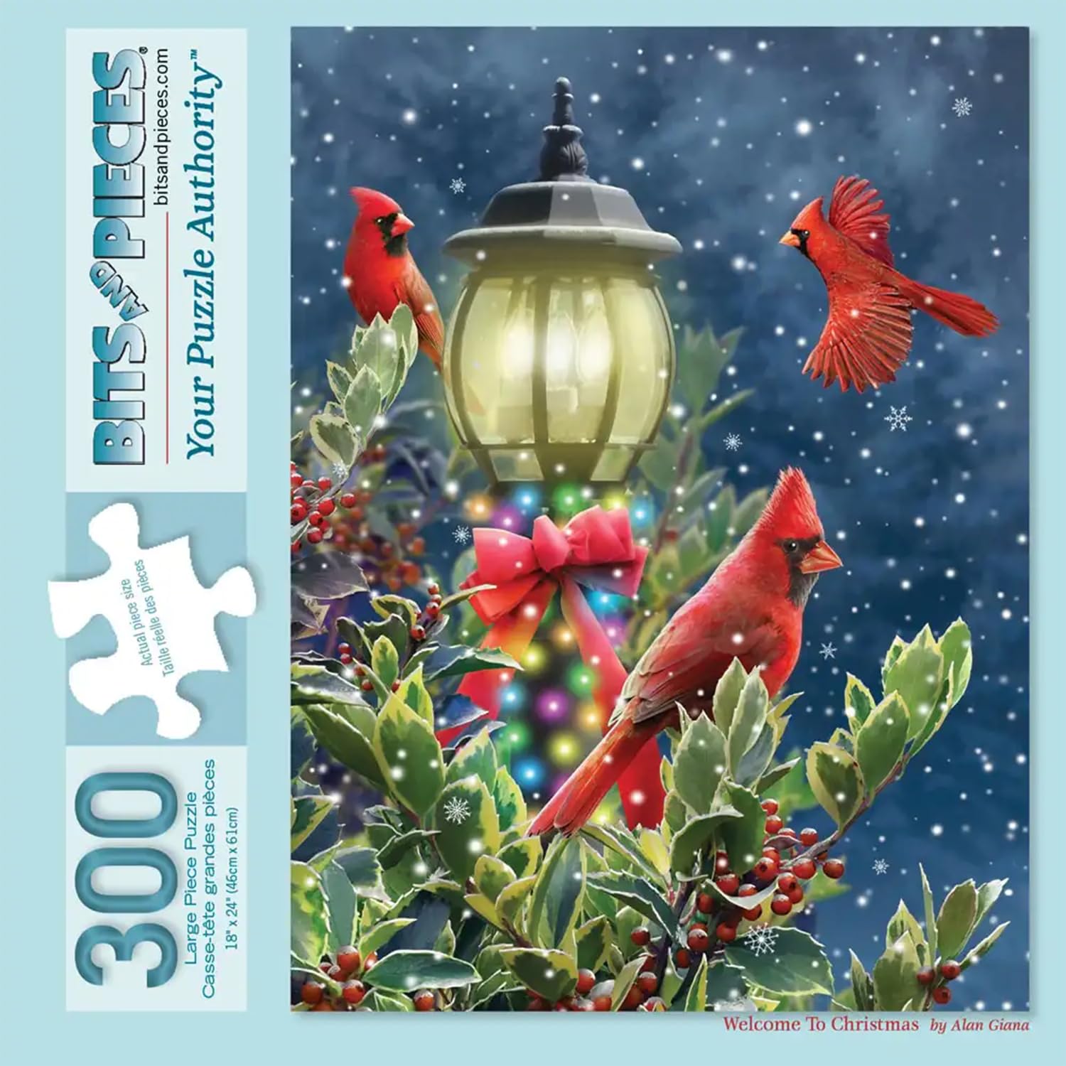Bits and Pieces 300 Piece Puzzles for Adults 300 Large Pieces 18" x 24" Jigsaw Puzzles, Cardinals Snow Lamp Post, Random Die Cut, No 2 Pieces Alike