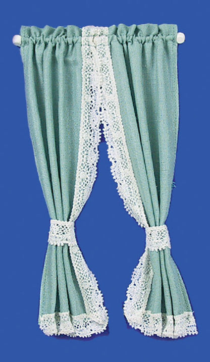 Melody Jane Dollhouse Green Curtains Drapes on Rail Miniature 1:12 Scale Window Accessory