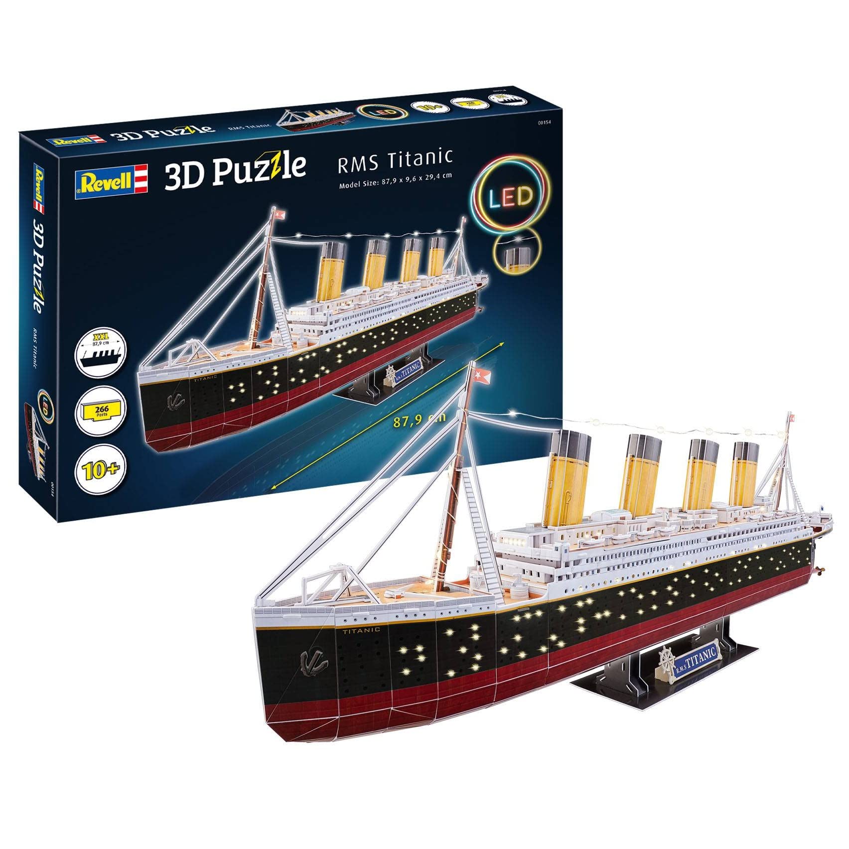 Revell Titanic LED Light Up Large 35" 3D Puzzles for Adults and Kids Ages 10 Years and up Arts Crafts Ship Building - 85 Lights - 266 Pieces