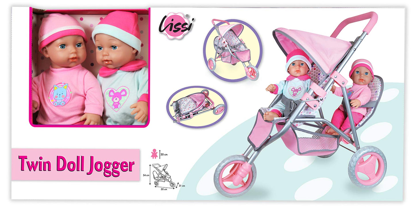 Twin Baby Dolls in Twin Jogger Stroller