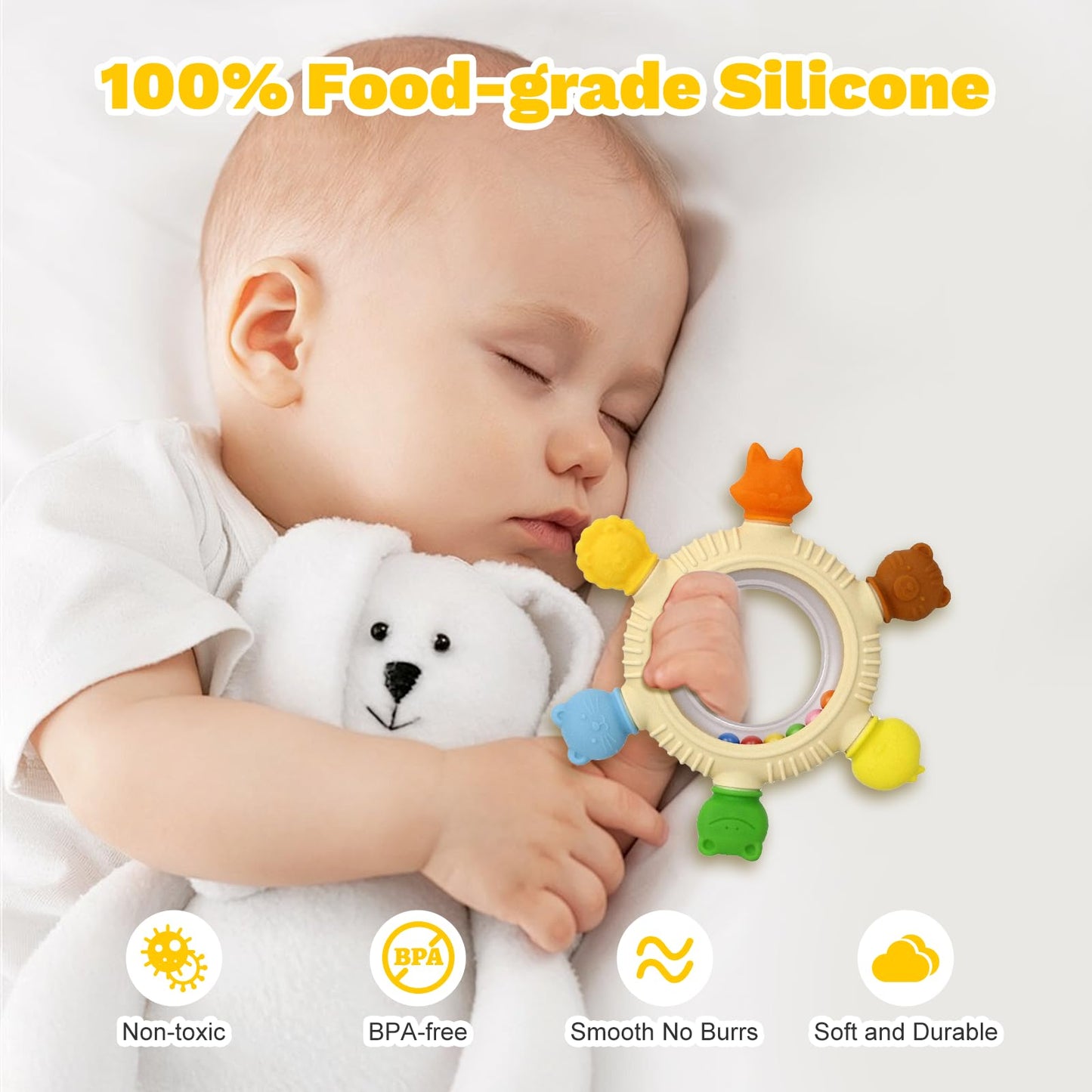 VISEWI 2 Pack Sensory Toys for Babies,Baby Teething Rings Toys for 0-6 6-12 Months Baby Rattle Teether Silicone Teether Relief Chew Soothing,BPA