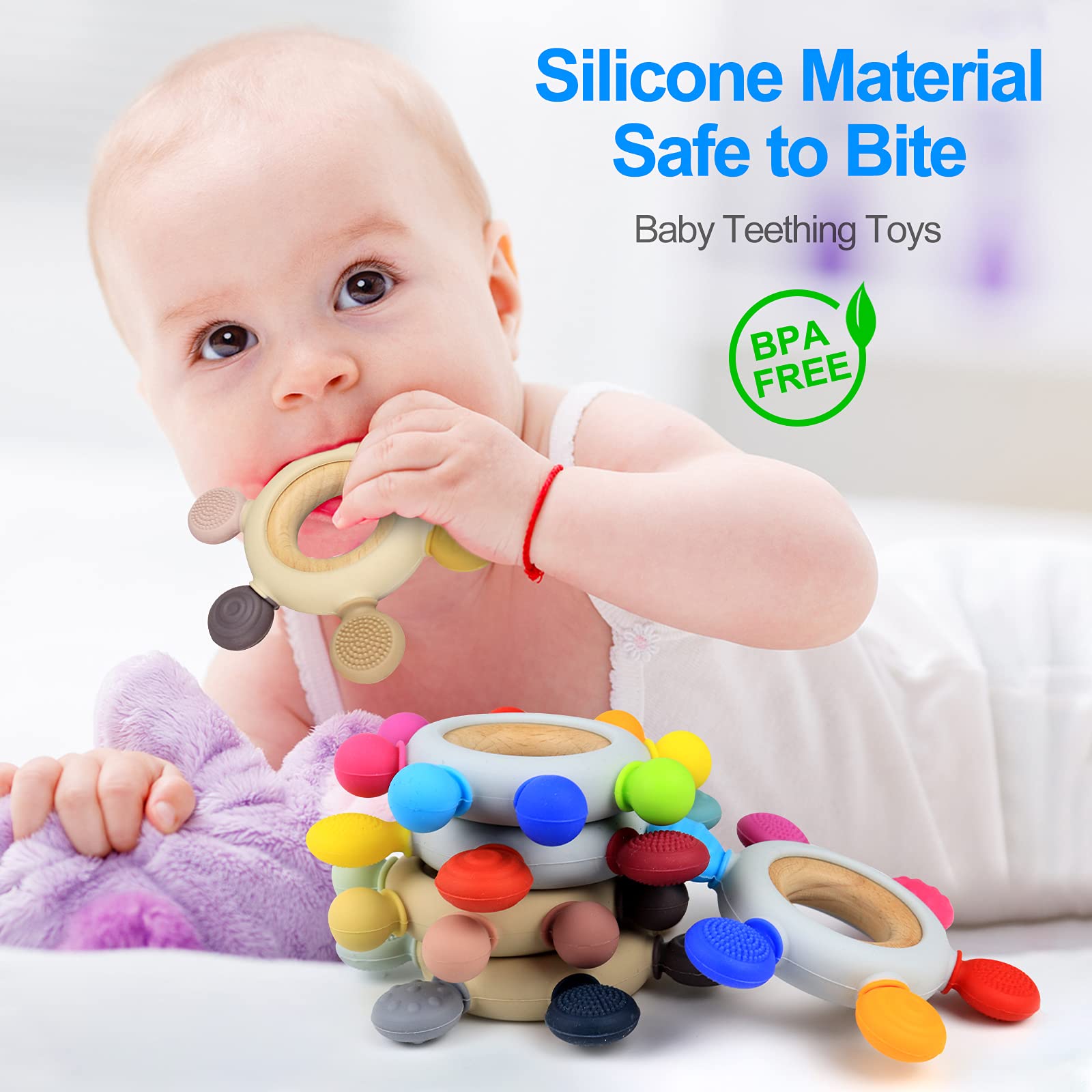 Arudyo Baby Teething Toys Silicone Teethers BPA Free Silicone Rudder with Wooden Ring Soothe Babies Gums (Khaki)