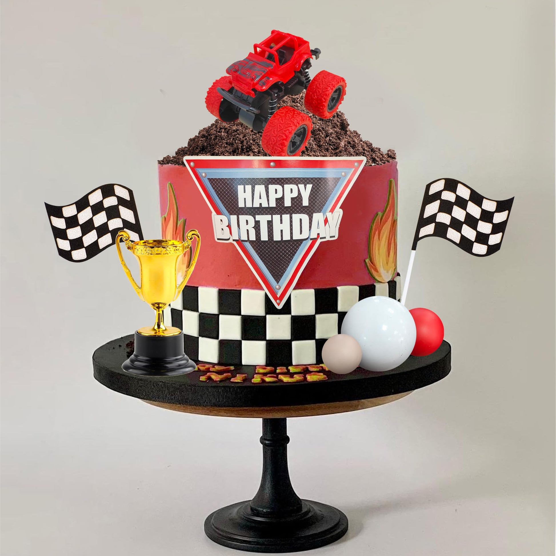 20 PCS Truck Cake Toppers Truck Cake Decorations Hot Red Ball Race Car Flame Blaze Wheel Cake Toppers for Truck Themed Birthday (Truck 1)