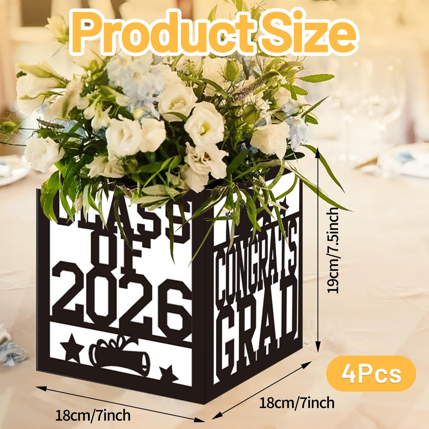4 Pack 7x7x7.5 Inches Black and White Graduation Centerpiece Boxes with Laser-Cut 'Congrats Grad Class of 2026' Lettering, Perfect for Grad Party
