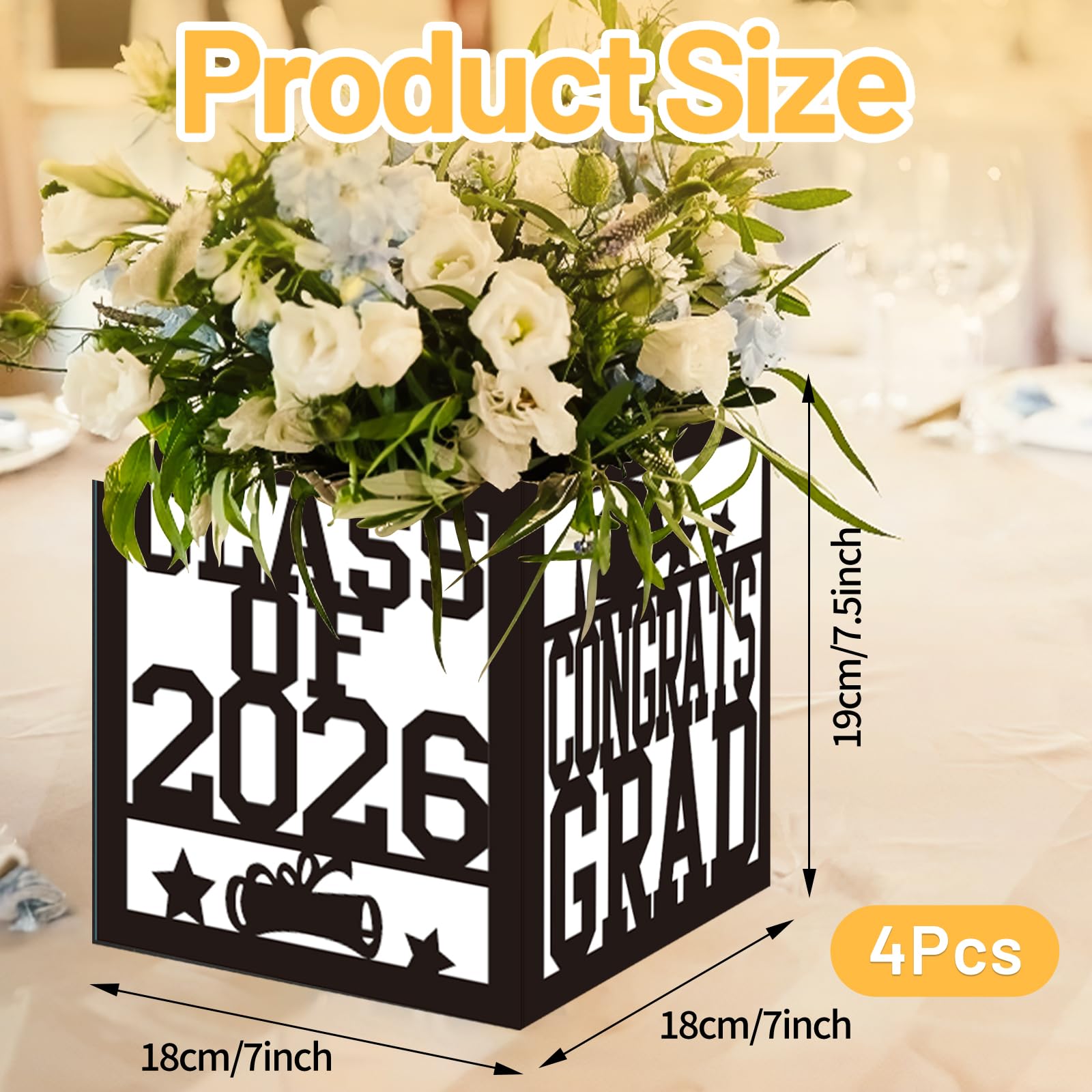 4 Pack 7x7x7.5 Inches Black and White Graduation Centerpiece Boxes with Laser-Cut 'Congrats Grad Class of 2026' Lettering, Perfect for Grad Party