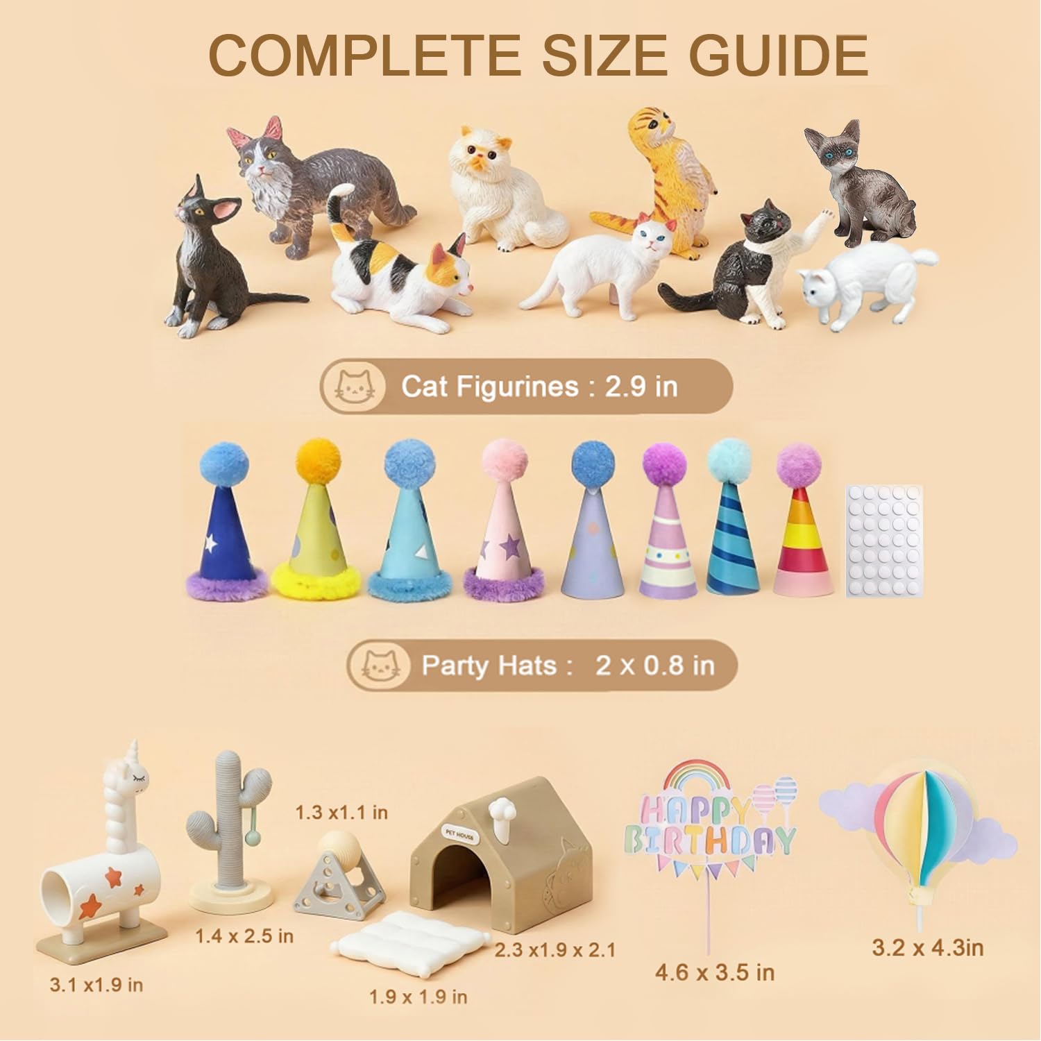 25 Pcs Cat Cake Topper Set - Resin Animal Figurines with Mini Party Hats, Cat Themed Birthday Decorations, Cupcake Toppers, Cat Lover Gifts, Desk