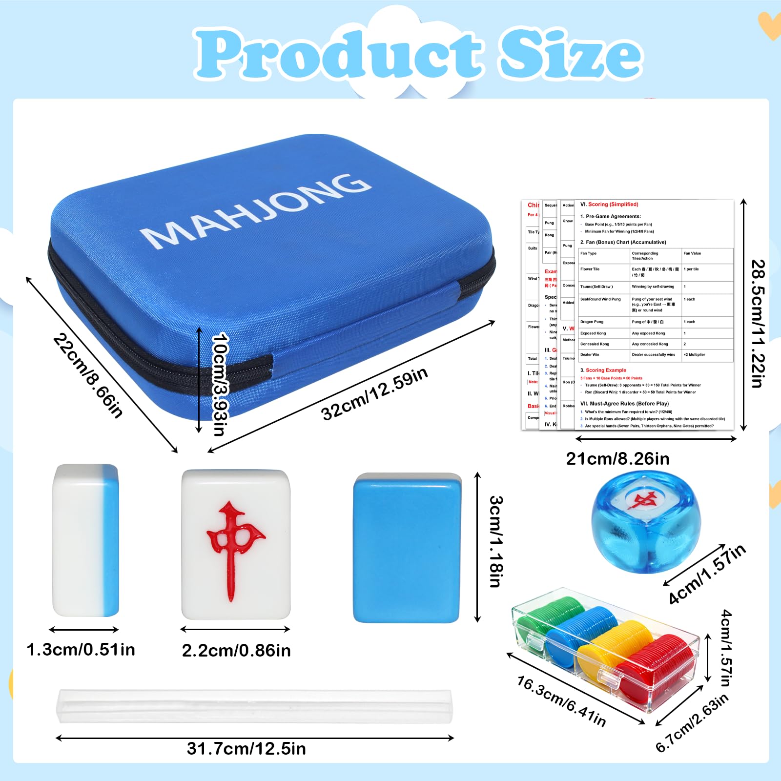 American Mahjong Game Set,Mahjong Set,Complete Mahjong Tile Set with 144 White Tiles (1.2’’),4 Tile rulers,4 dice,1 Bag,100 Chips,Instruction