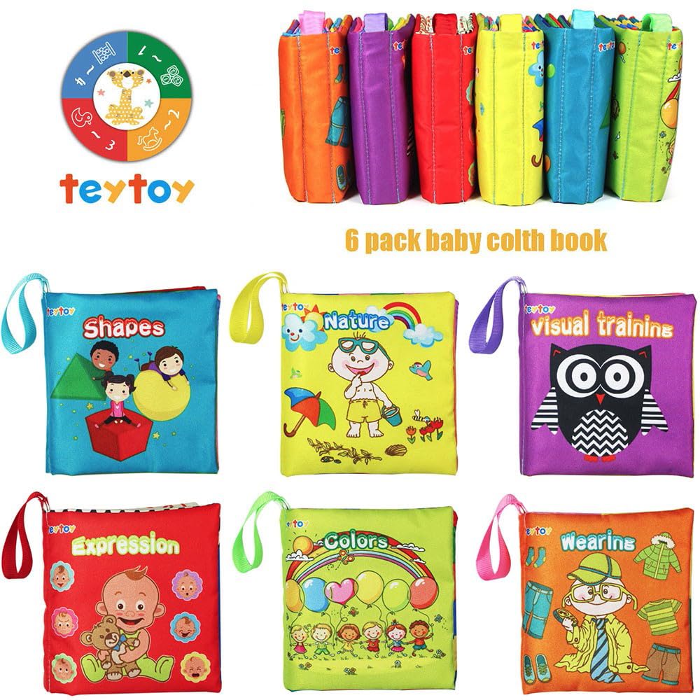 teytoy My First Soft Book, 6 PCS Nontoxic Fabric Baby Cloth Books Early Education Toys Activity Crinkle Cloth Book for Toddler, Infants and Kids