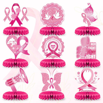Hying 9 PCS Breast Cancer Awareness Honeycomb Table Centerpiece for Home Party, Fight Cancer Theme Pink Ribbon Breast Cancer Table Topper Centerpiece