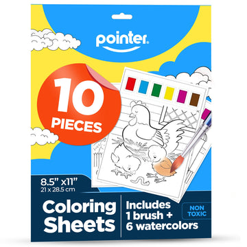 Pointer Water Coloring Sheets for Kids - Watercolor Art include Brush & 6 Non-Toxic Colors - Creative Fun Learning Activity Kit for Toddlers