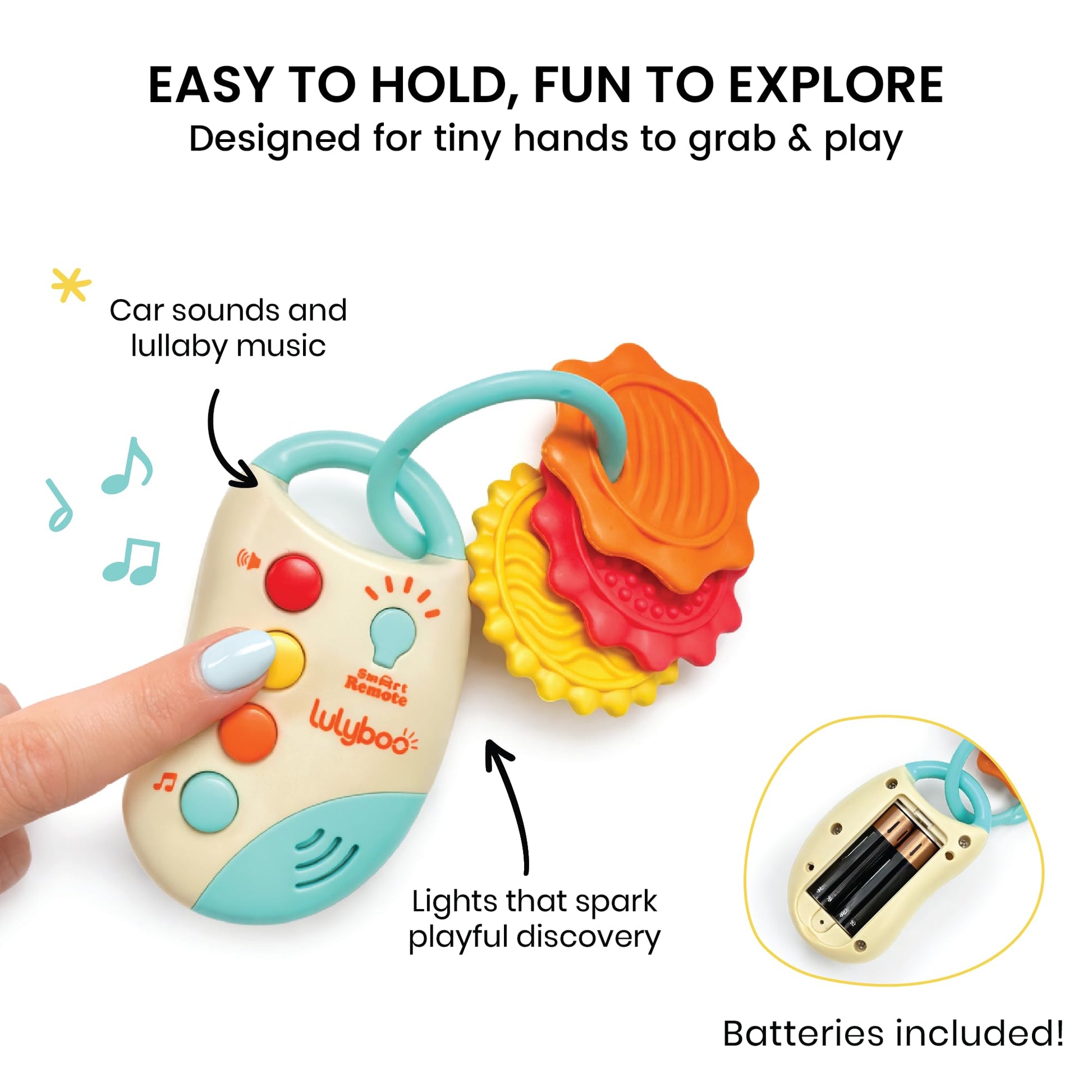 Lulyboo My First Teething Car Keys: BPA-Free Silicone teether with Soft Textures, Gentle Gum Relief, Light-up Button and car Sounds. Easy-Grasp Key