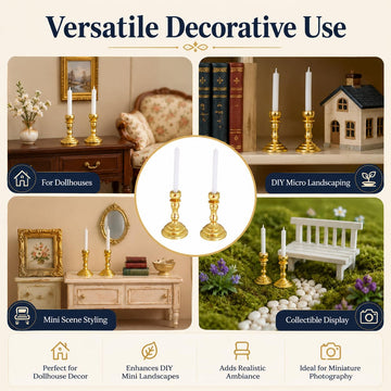 2Pcs Miniature Candle Holders, 1/12 Scale Dollhouse Candlesticks Set Vintage Candles Dollhouse Desk Ornament Accessories for DIY Micro Landscaping