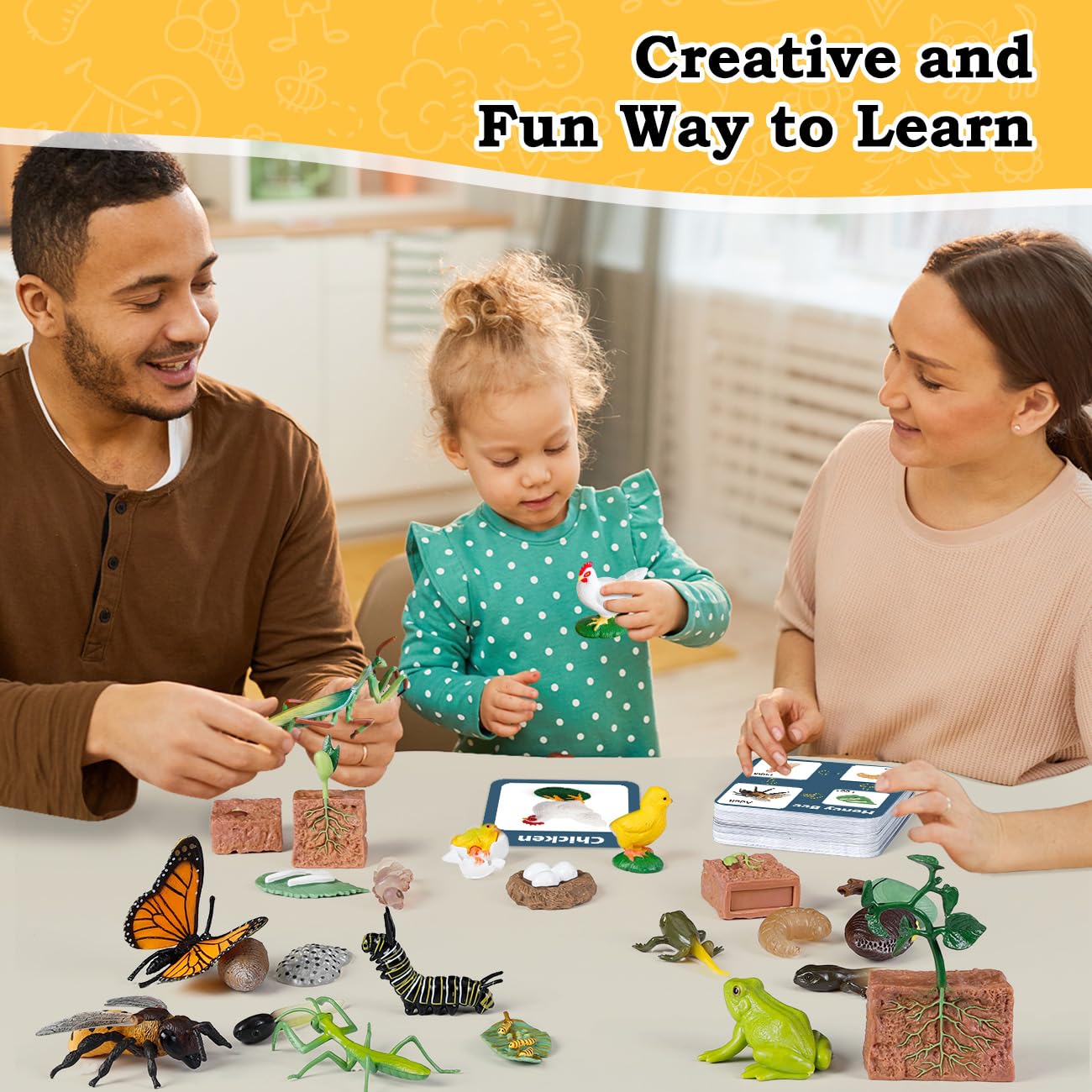 Life Cycle Learning Toys for Kids: Life Science Education Kits with Butterfly, Frog, Chicken, Mantis, Bee, Plants - 25 Pieces Animal Figurines