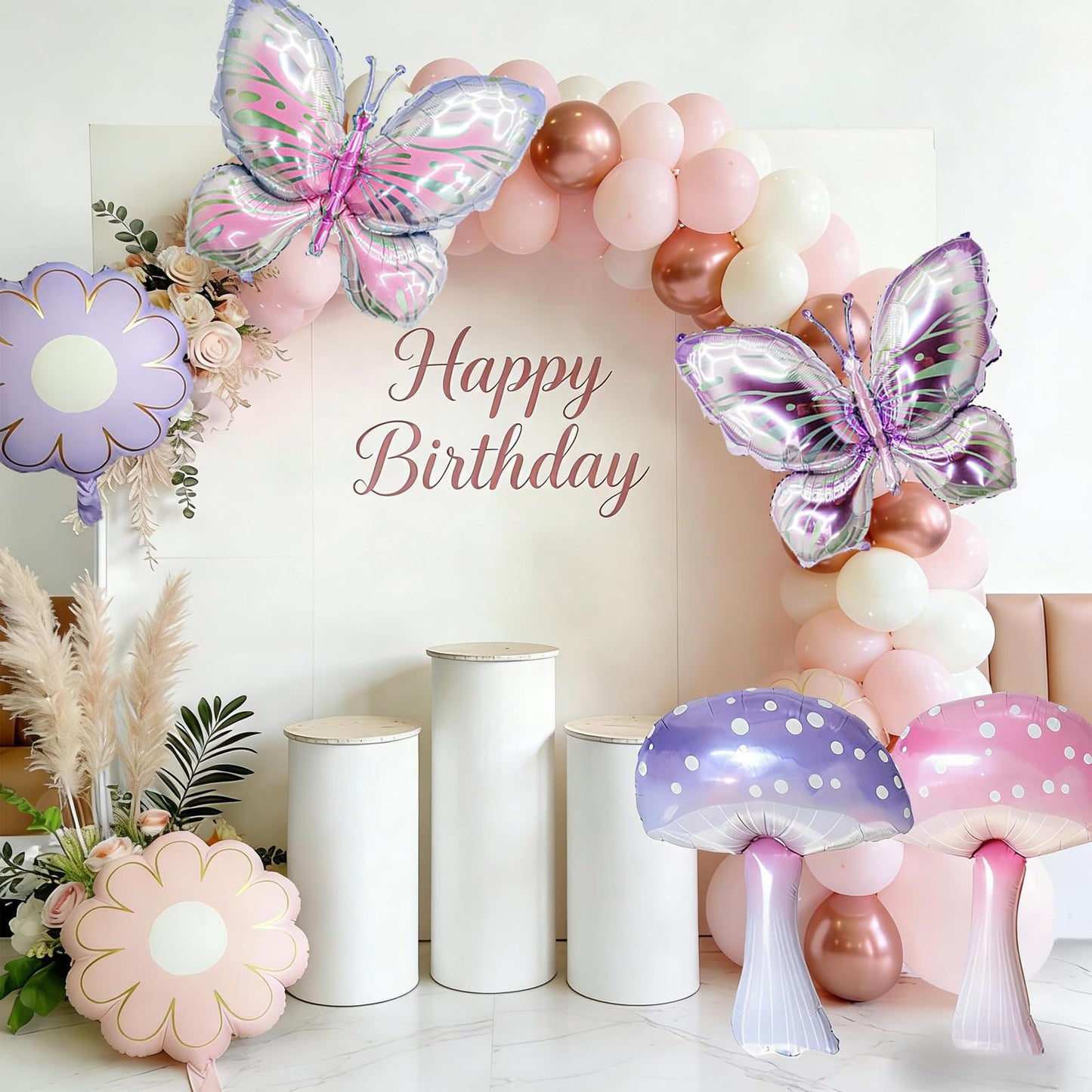 Pink Purple Mushroom Balloons Butterfly Balloons, 6 Pack Pastel Mushroom Butterfly Foil Balloon, Fairy Themed Party Decoration For Decorating Birthday