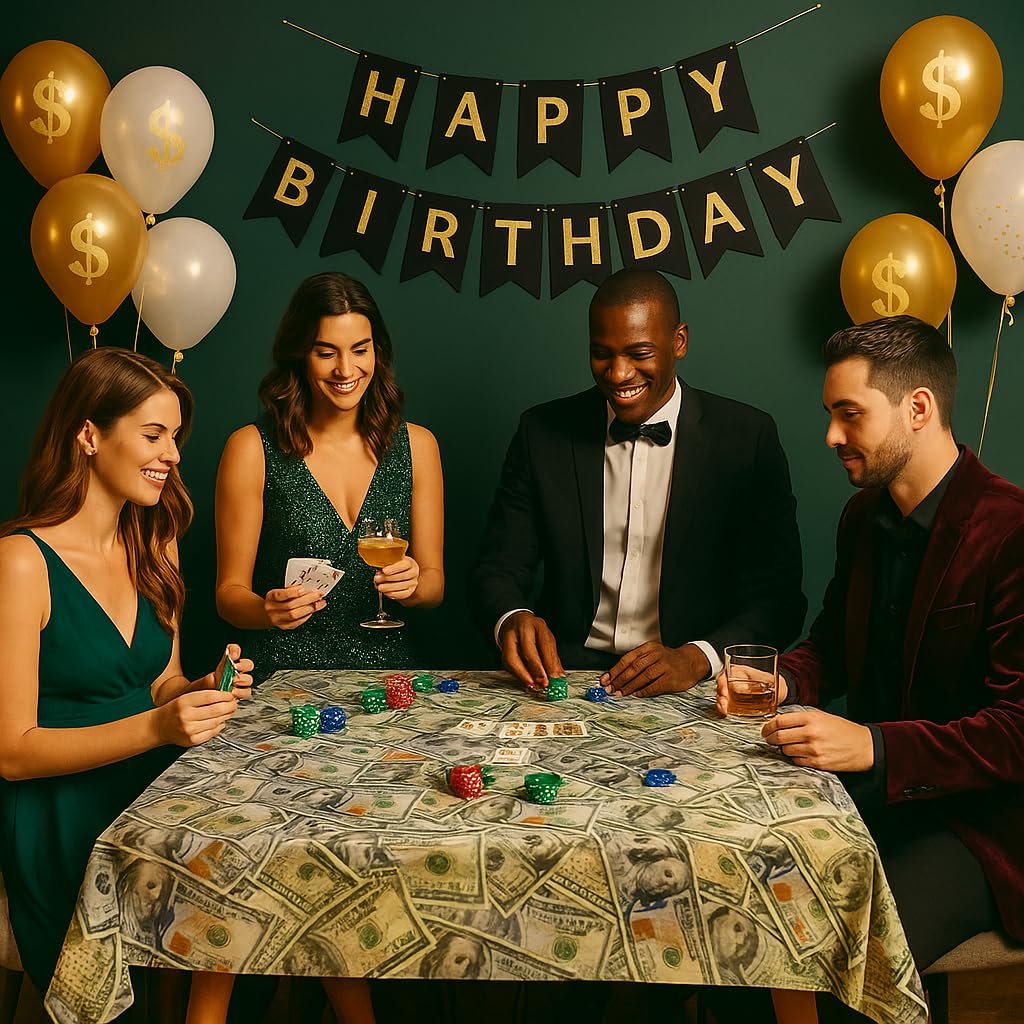 Oojami 4 Pack Dollar Bills Bling Bling Big Bucks Money Theme Table Cover Tablecloth Includes 20 Balloons Ideal for Birthday Decorations Party Supplies