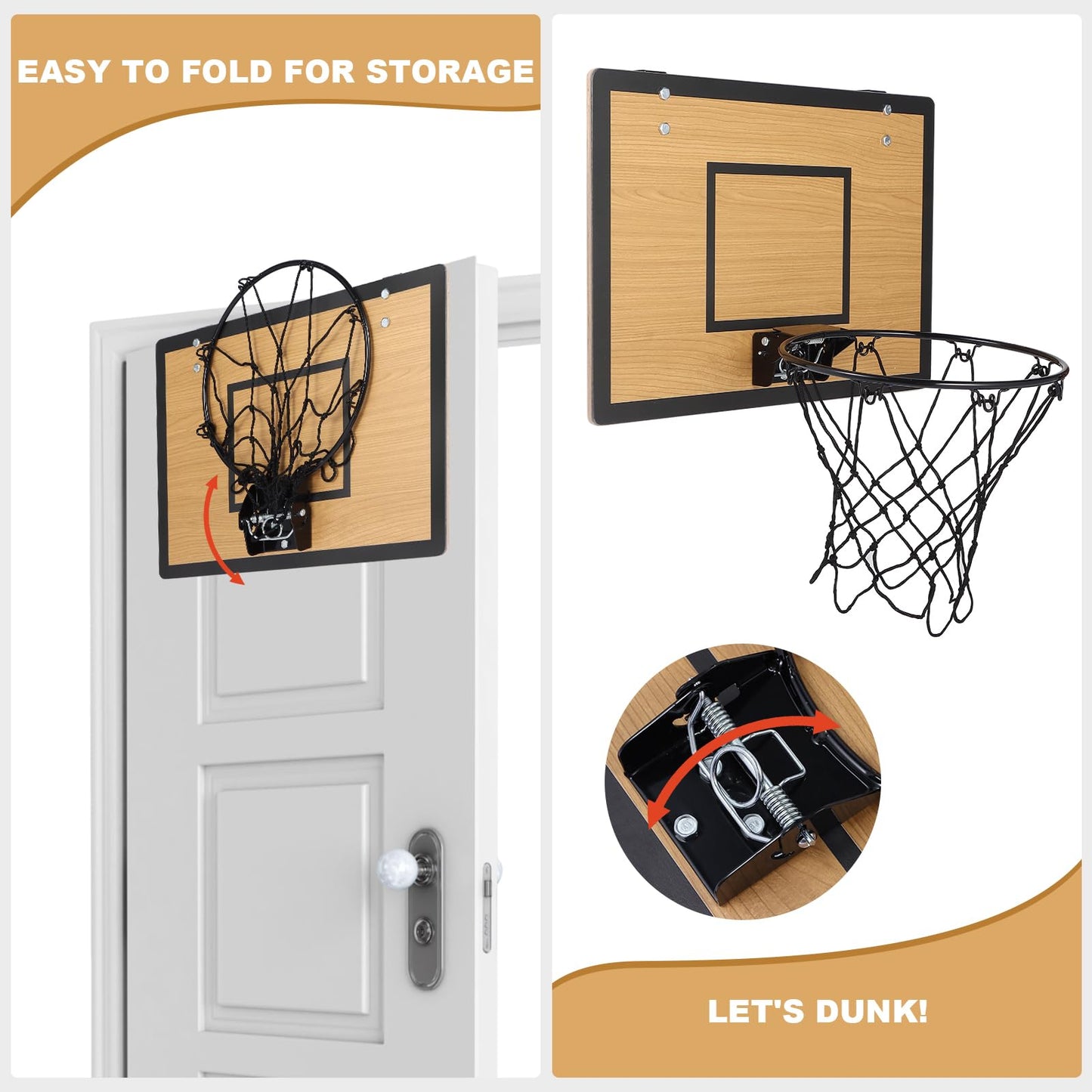 EZFXHD WTER Mini Basketball Hoop for Kids,Durable Wooden Over The Door Basketball Hoop Indoor,Mini Hoops with 4 Balls and Pump for Teens and Adults