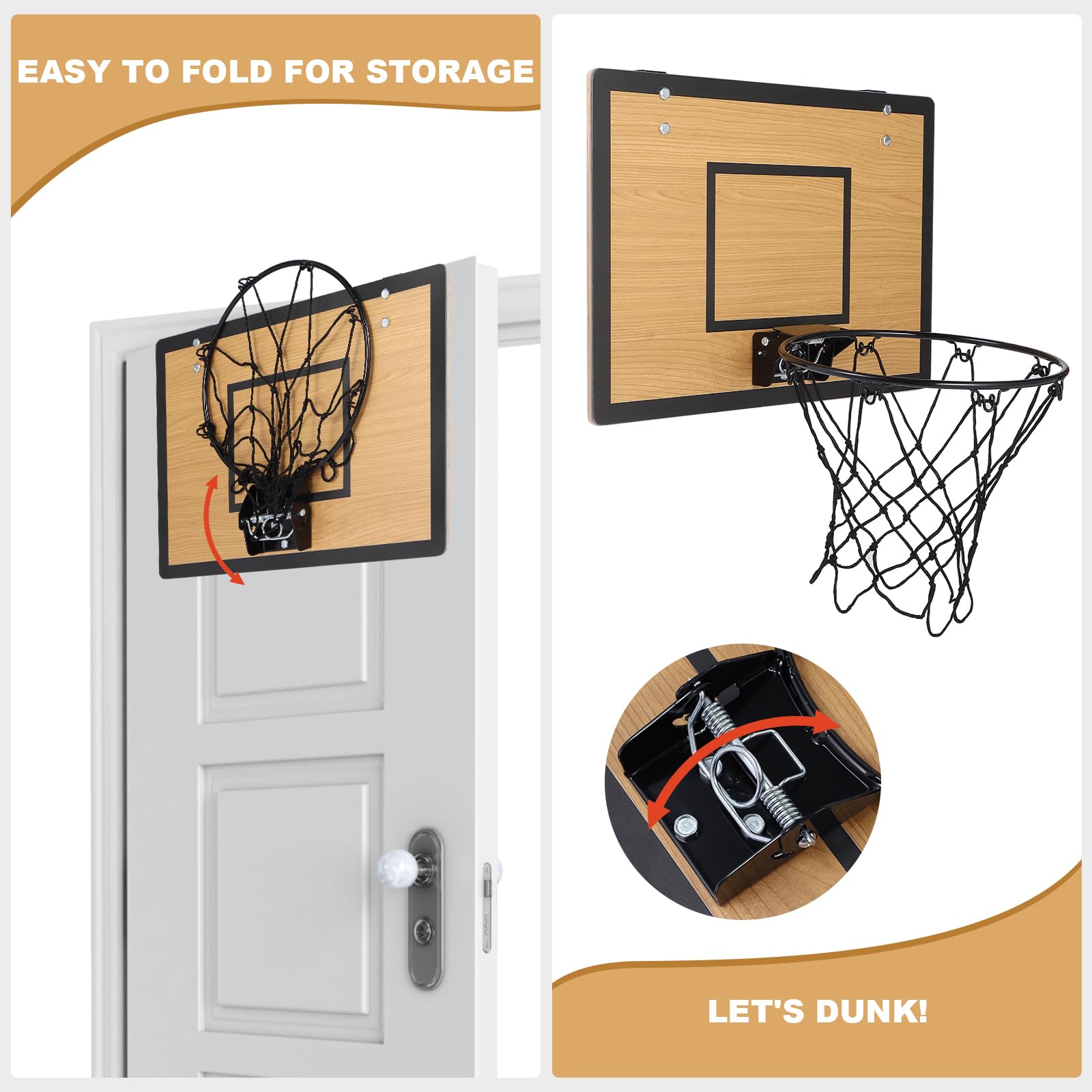 EZFXHD WTER Mini Basketball Hoop for Kids,Durable Wooden Over The Door Basketball Hoop Indoor,Mini Hoops with 4 Balls and Pump for Teens and Adults