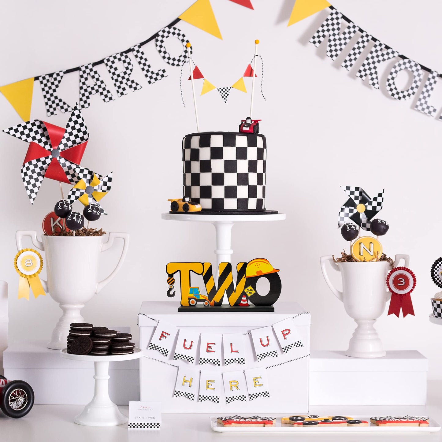 Haooryx Construction Truck Two Letter Sign Wooden Table Centerpiece for Boys, Two Years Old Baby 2nd Birthday Party Decorations, Construction Theme