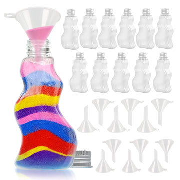 JJ CARE Sand Art Bottles [12 Wave-Shaped Sand Bottles + 6 Small & 6 Large Funnels] Craft Sand Art Kit for Kids 3 Years Above, Non-Toxic Rangoli Color