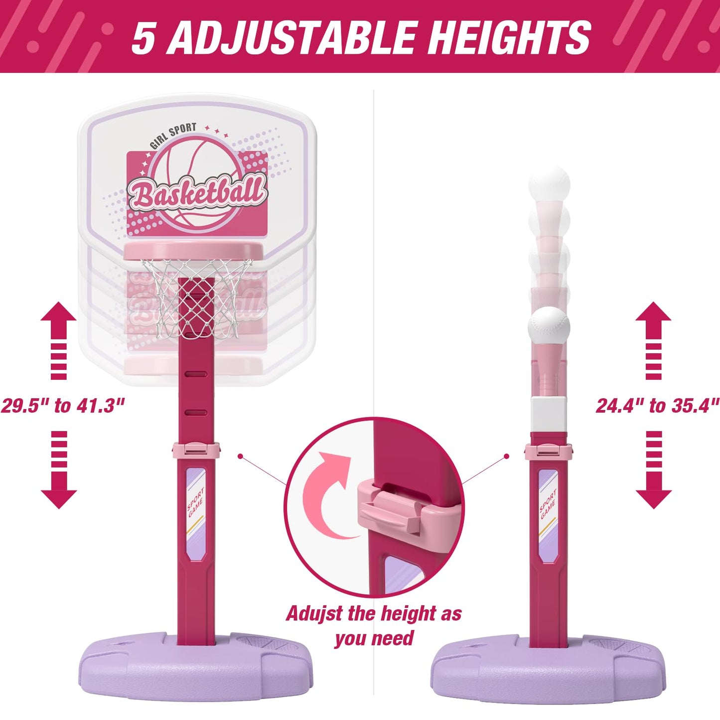 HYES 2 in 1 Kid Basketball Hoop and T Ball Set, Pink