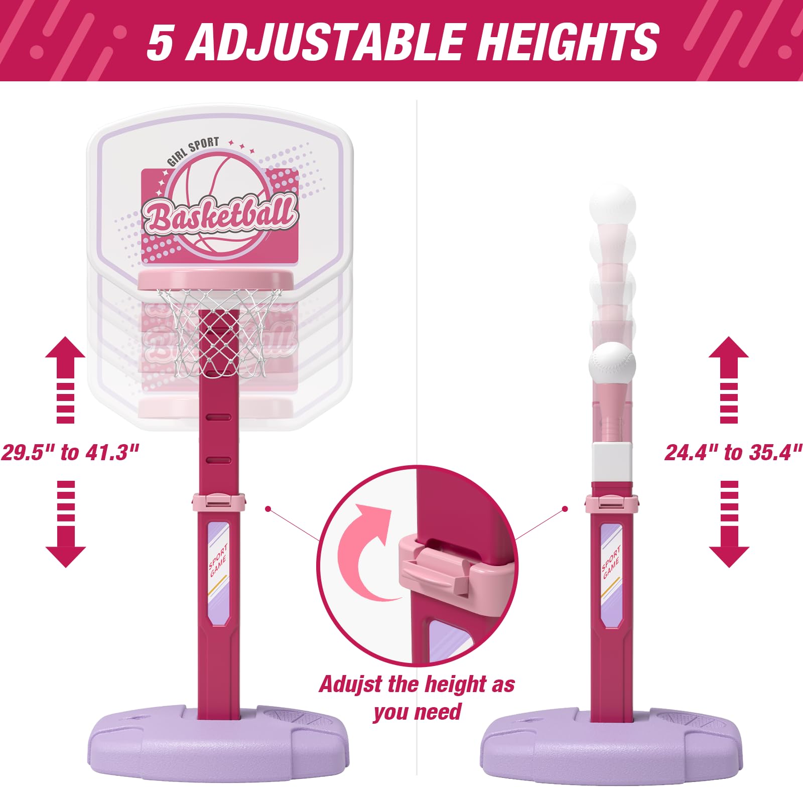 HYES 2 in 1 Kid Basketball Hoop and T Ball Set, Pink