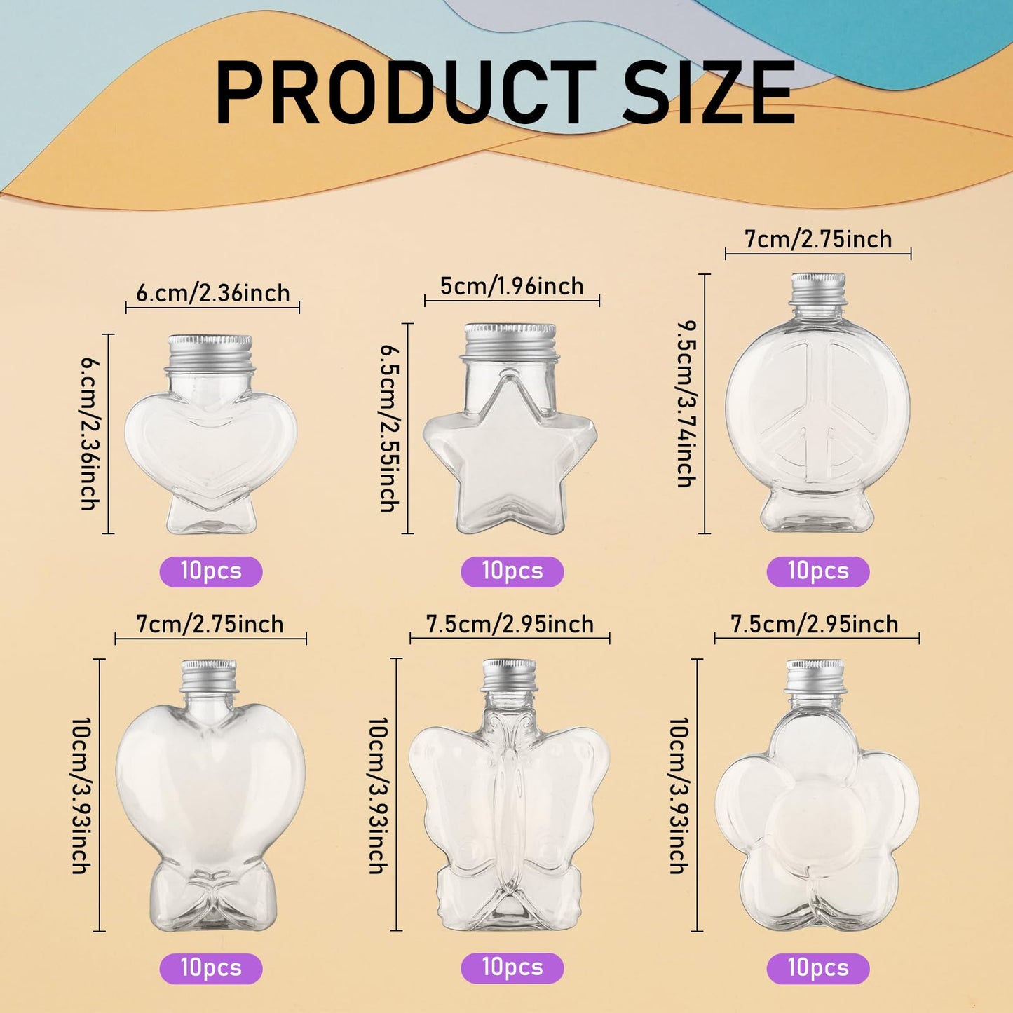 60Pcs Heart & Flower Shaped Plastic Bottles DIY Colored Sand Bottle Kit - Sand Art Activity Fun Party Supplies, 6 Styles