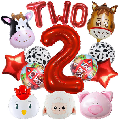 14PCS Farm Animal Balloons, Chicken Pig Donkey Cow Sheep Large Number 2 and Letter TWO Foil Balloon for 2nd Farm Animal Theme Birthday Party Decor