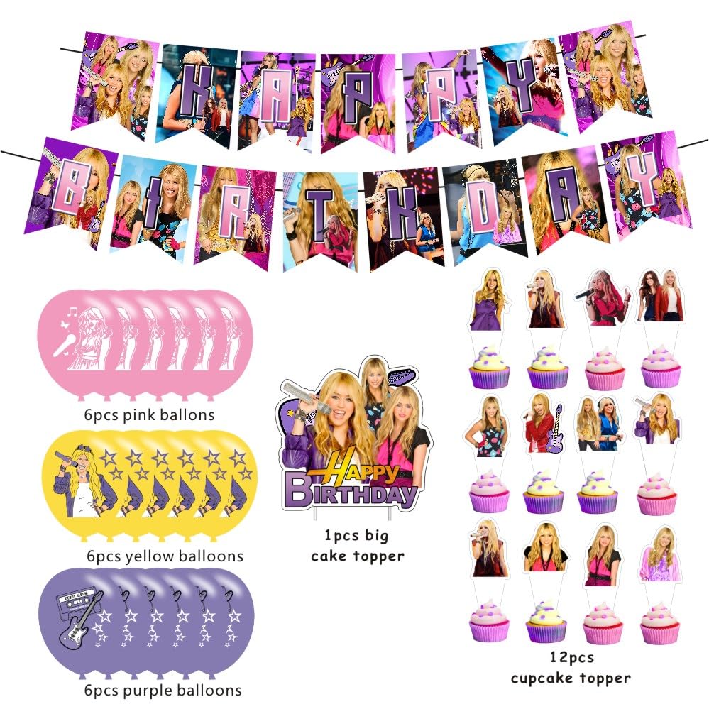 Hannah Montana Birthday Decorations, Hannah Montana Party Supplies Include Happy Birthday Banner, Cake Topper and Cupcake Toppers, Balloons for Kids