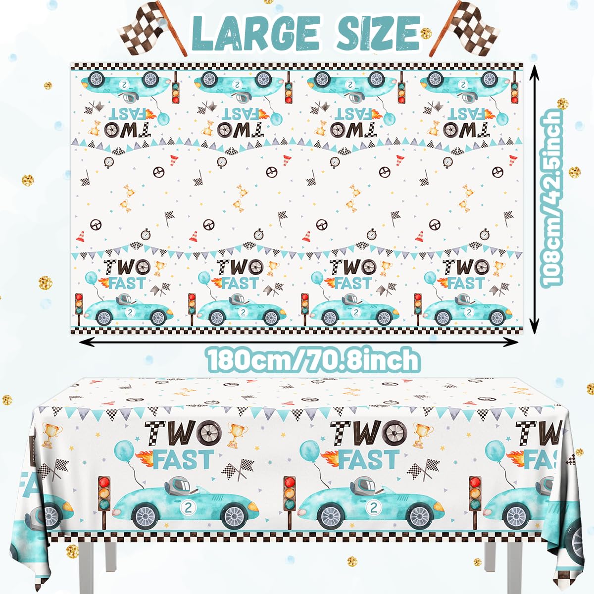 GREHUMOR 3Pcs Two Fast Race Car Birthday Tablecloth Decorations for Boys Blue Race Car Checkered Flags Table Cover Racing Wheel Plastic Rectangular