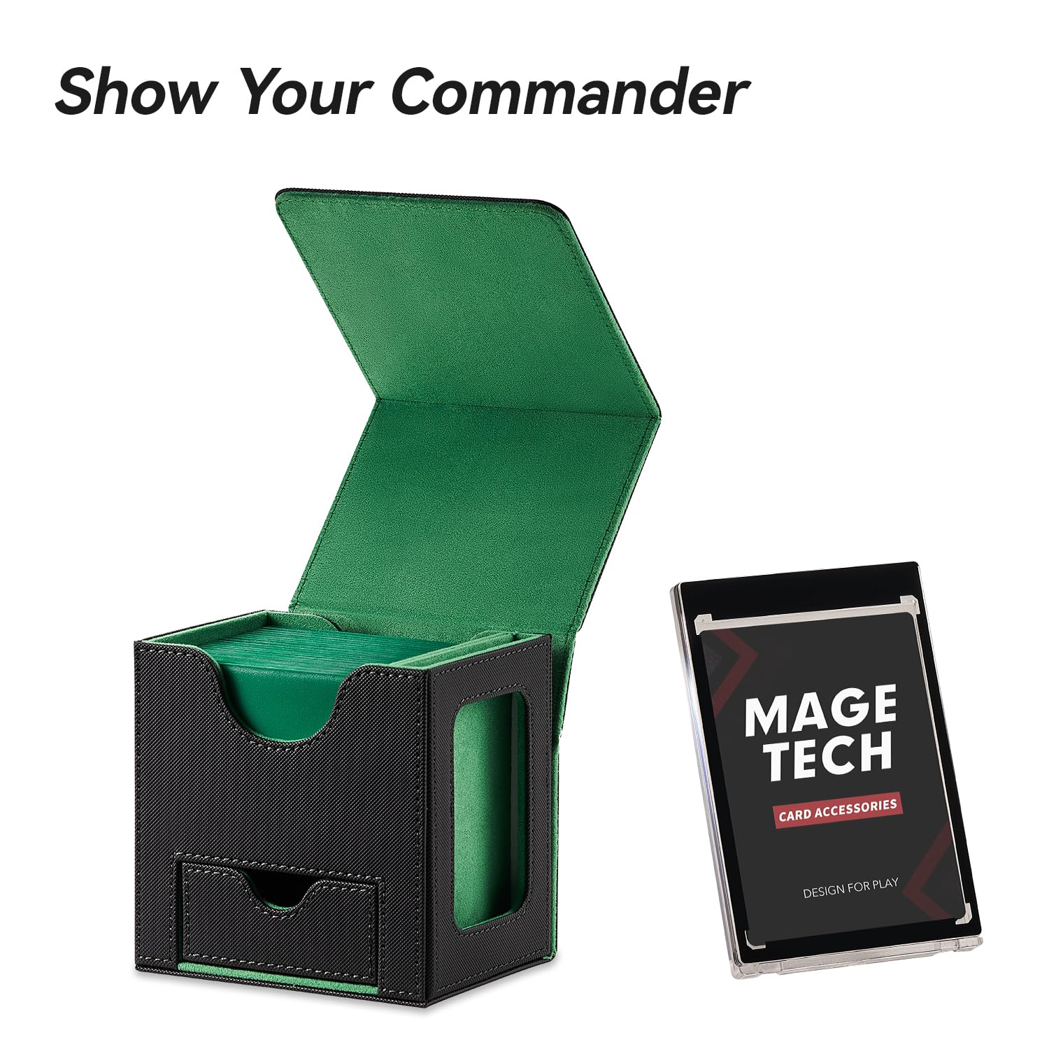 Mage Tech Card Deck Box for MTG Commander - Patented Design, Commander Display, Fits 100 Double-Sleeved Cards, 35pt Card Brick & Dice Tray