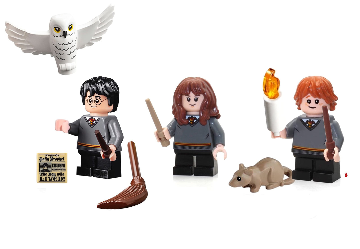 LEGO Harry Potter Minifigure Combo - Harry Potter, Hermione, Ron Weasley (with Wands and Display Stands)