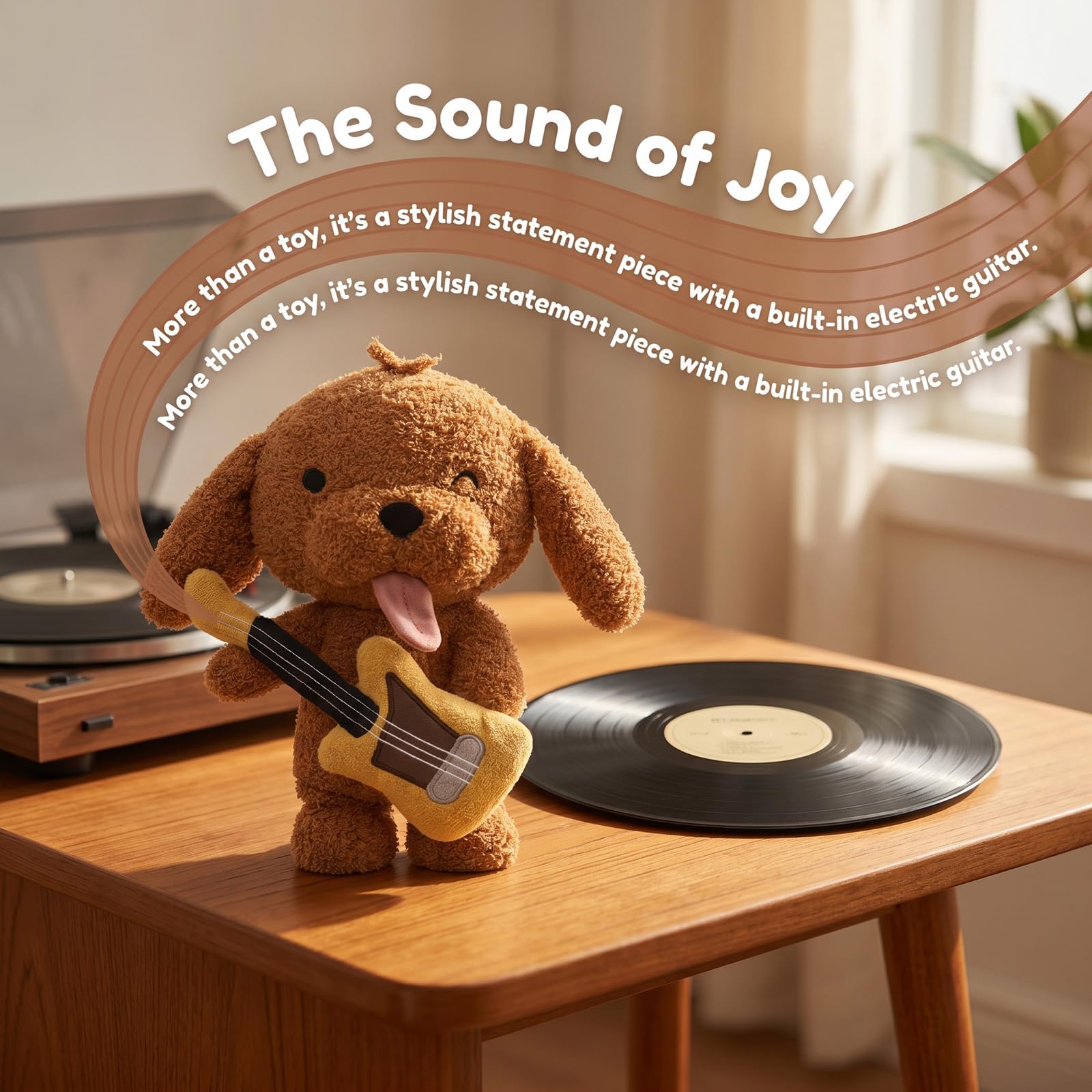 Cute Brown Dog Stuffed Animal with Guitar - 10.6 inch Soft Plush Puppy Toy, Winking Musical Doggy Plushie, Kawaii Room Decor & Birthday Gift for Kids