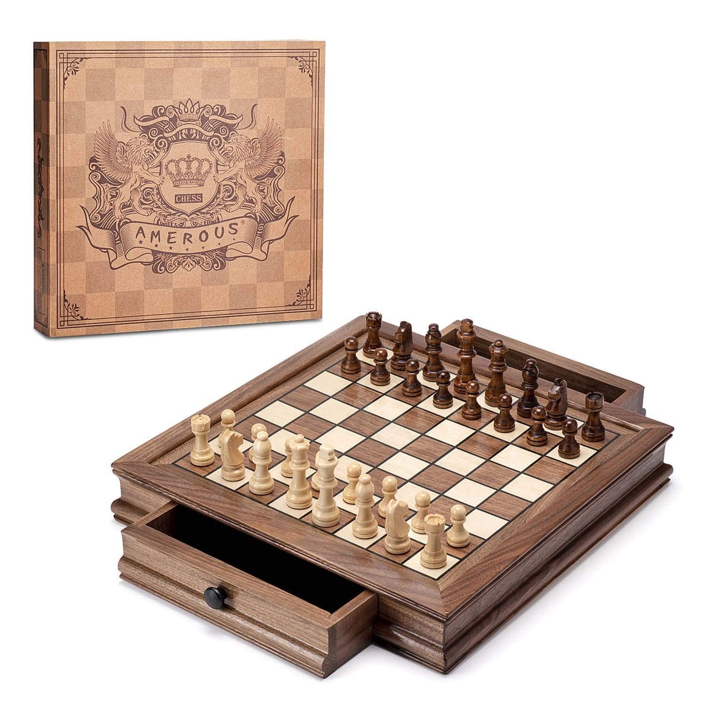 AMEROUS Magnetic Wooden Chess Set, 12.8" x 12.8" Walnut Chess Board Game with 2 Built-in Storage Drawers - 2 Bonus Extra Queens - Chess for Beginner
