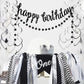 Black Happy Birthday Banner Decoration Kit, Glittery Banner Circle Dots Garland with Black Silver Hanging Swirls for Birthday Baby Shower Party
