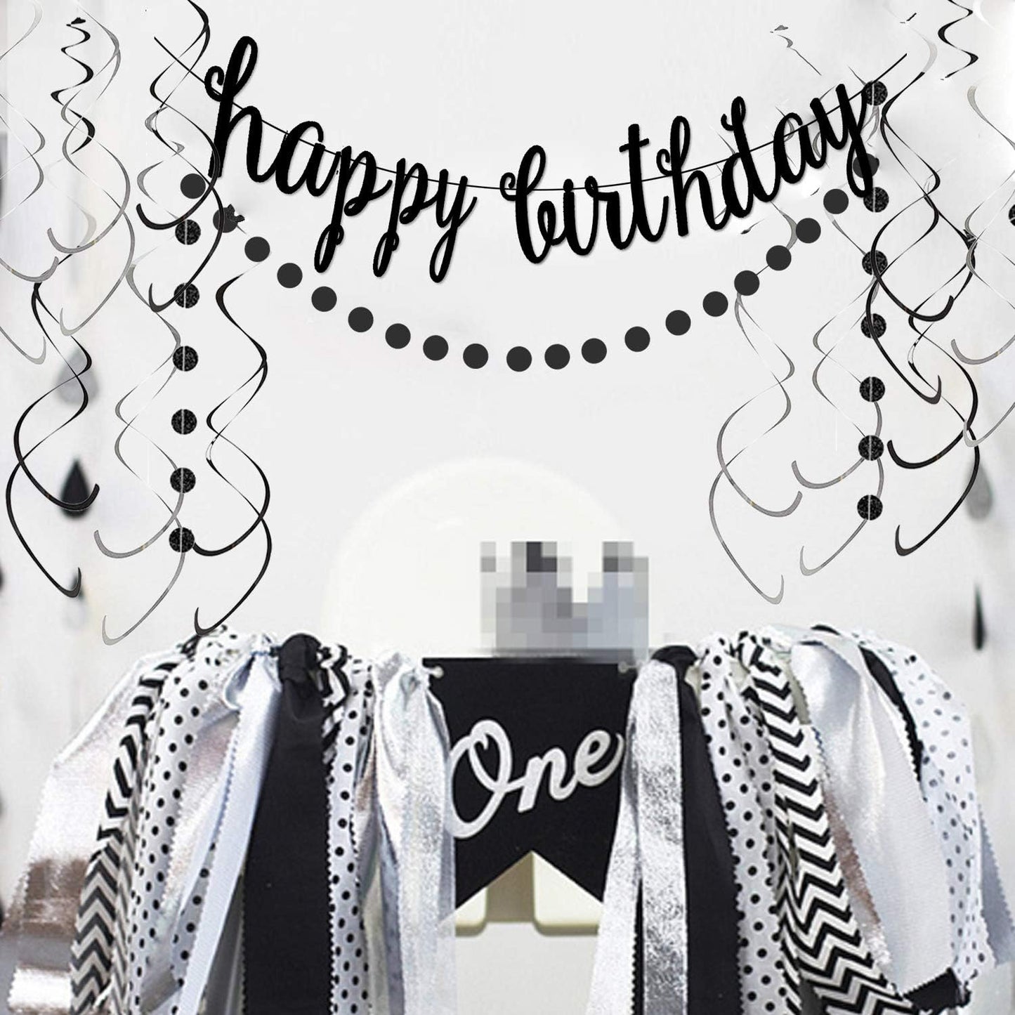 Black Happy Birthday Banner Decoration Kit, Glittery Banner Circle Dots Garland with Black Silver Hanging Swirls for Birthday Baby Shower Party