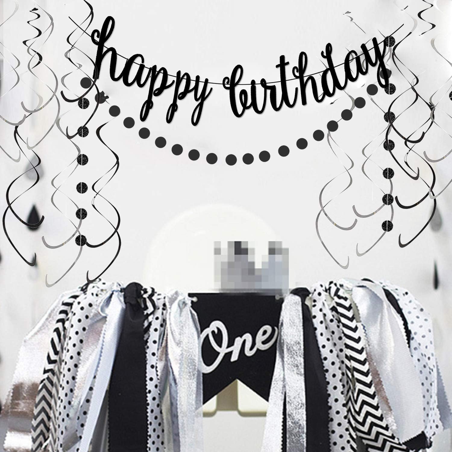 Black Happy Birthday Banner Decoration Kit, Glittery Banner Circle Dots Garland with Black Silver Hanging Swirls for Birthday Baby Shower Party