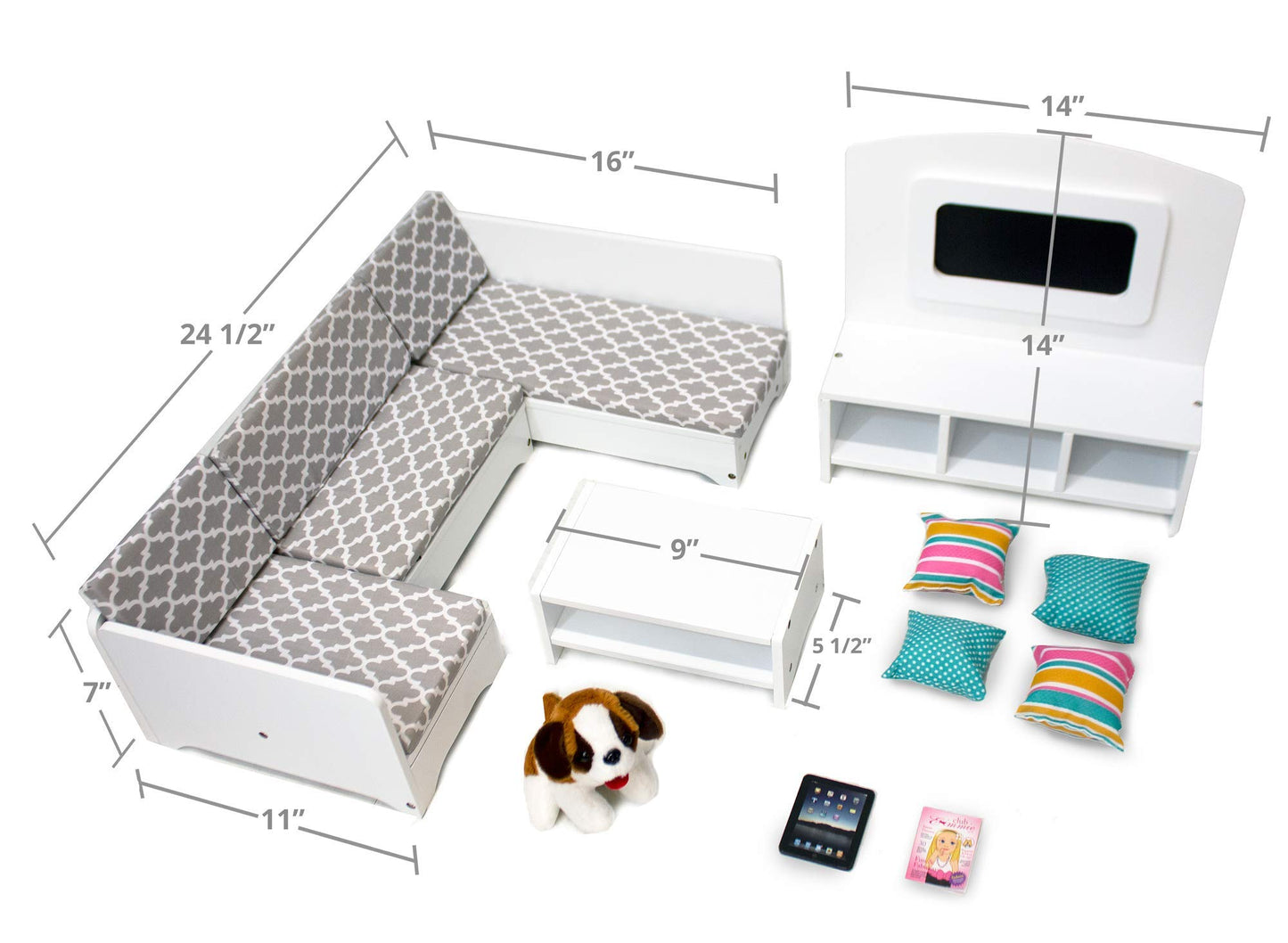 Playtime by Eimmie 18 Inch Doll Furniture Couch & Living Room Set - Wooden Playset with TV & Pet Accessories, Fits American, Generation, My Life &