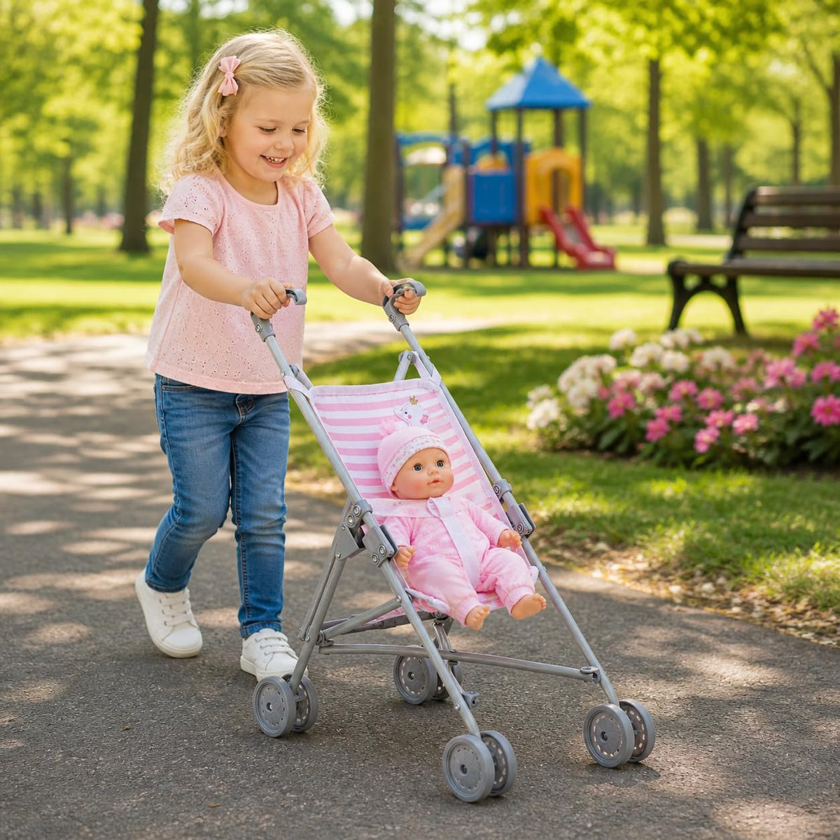 JC Toys Boutique | Folding Umbrella Doll Stroller for Children 2 Years Plus, Pink Stripes and Soft Embroidery | Sturdy Metal Frame | Pretend Play with