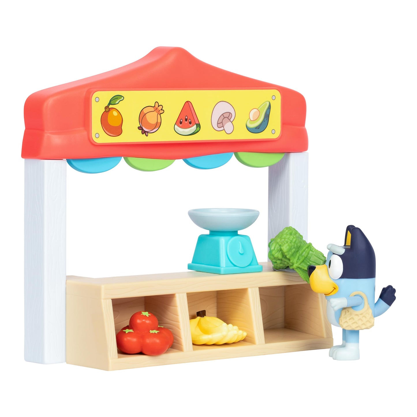 Bluey Farmers Market Playset, Toy Store Playset with Articulated Figurine, Toy Scale, Dollar Bucks, and Food Items, Shopping Toys for Kids Ages 3+