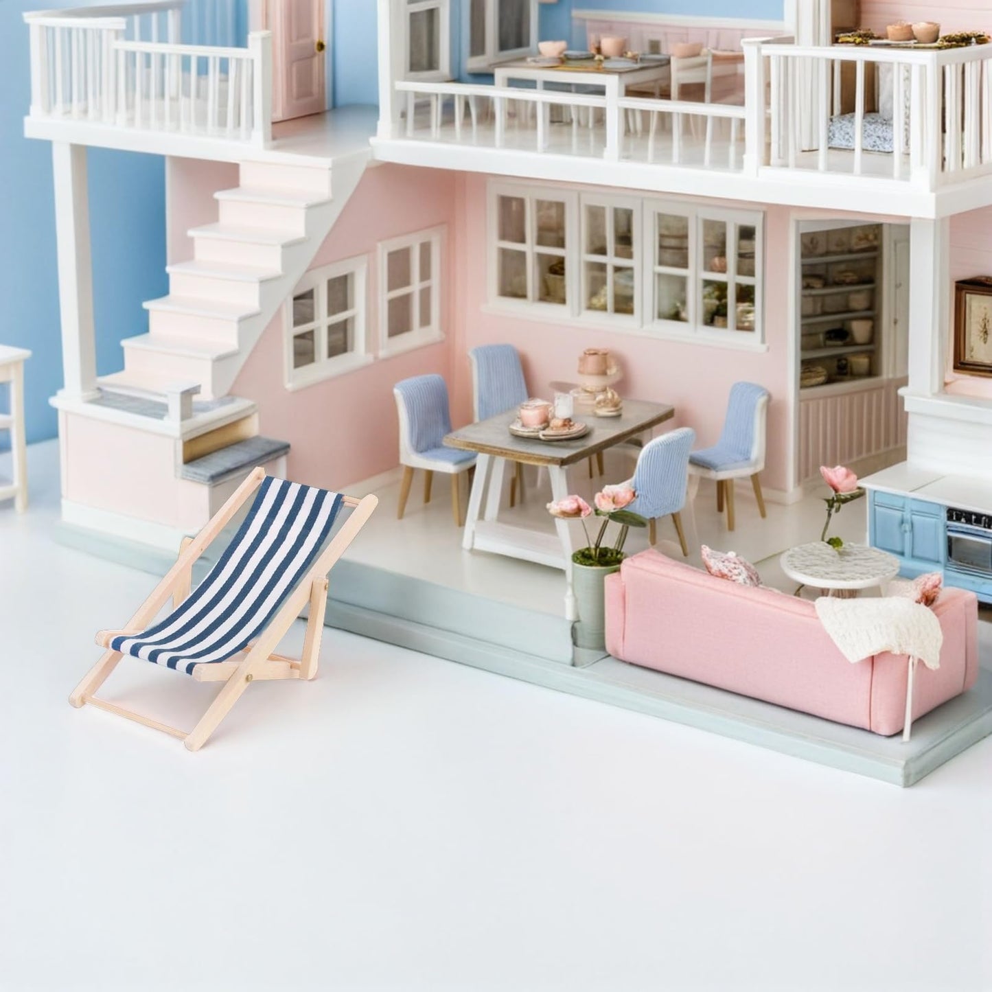 3-Pack Miniature Beach Chair & Table, 1:12 Scale Dollhouse Miniature Beach Furniture Set, Tiny Beach Chairs for Pool Party Decor, Mini Pool Furniture