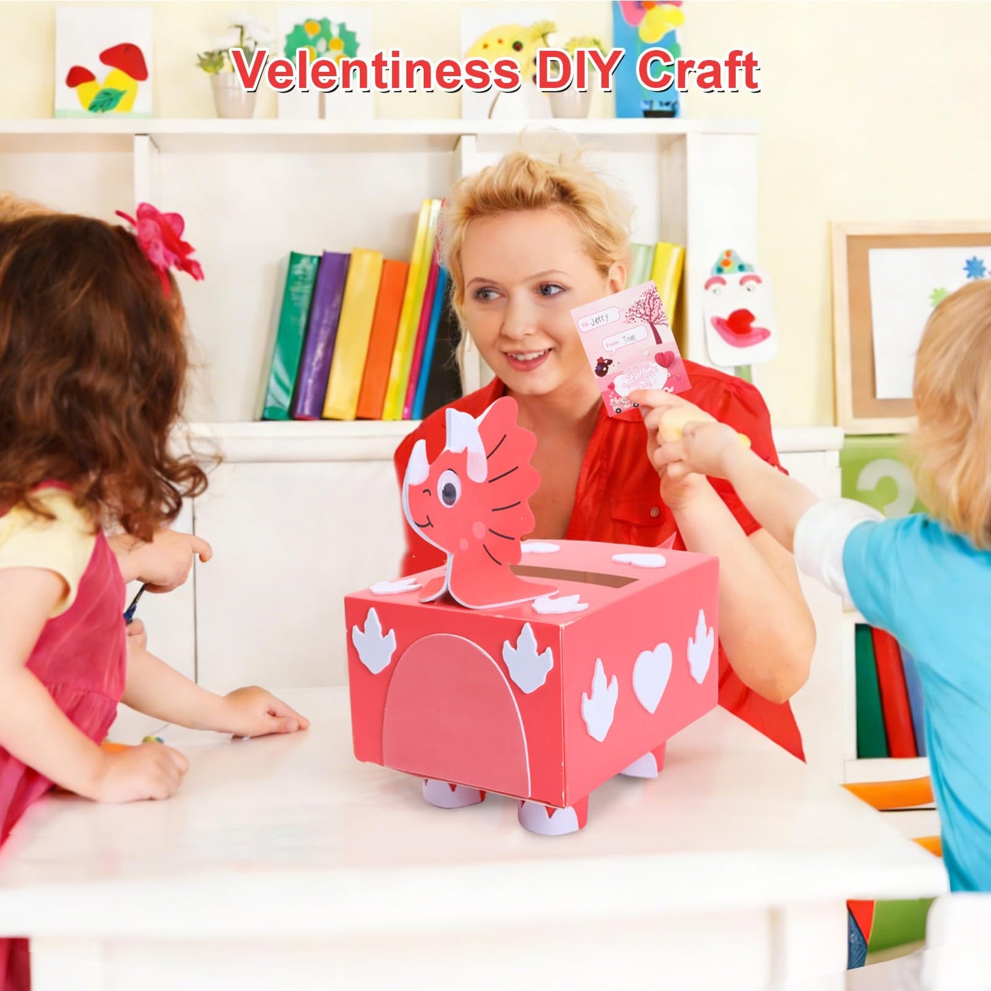 Fennoral 2 Pack Valentines DIY Mailbox for Kids Make You Own Valentine's Day Craft Kits with Foam Sticke Dinosaur Card Box for School Classroom Boys