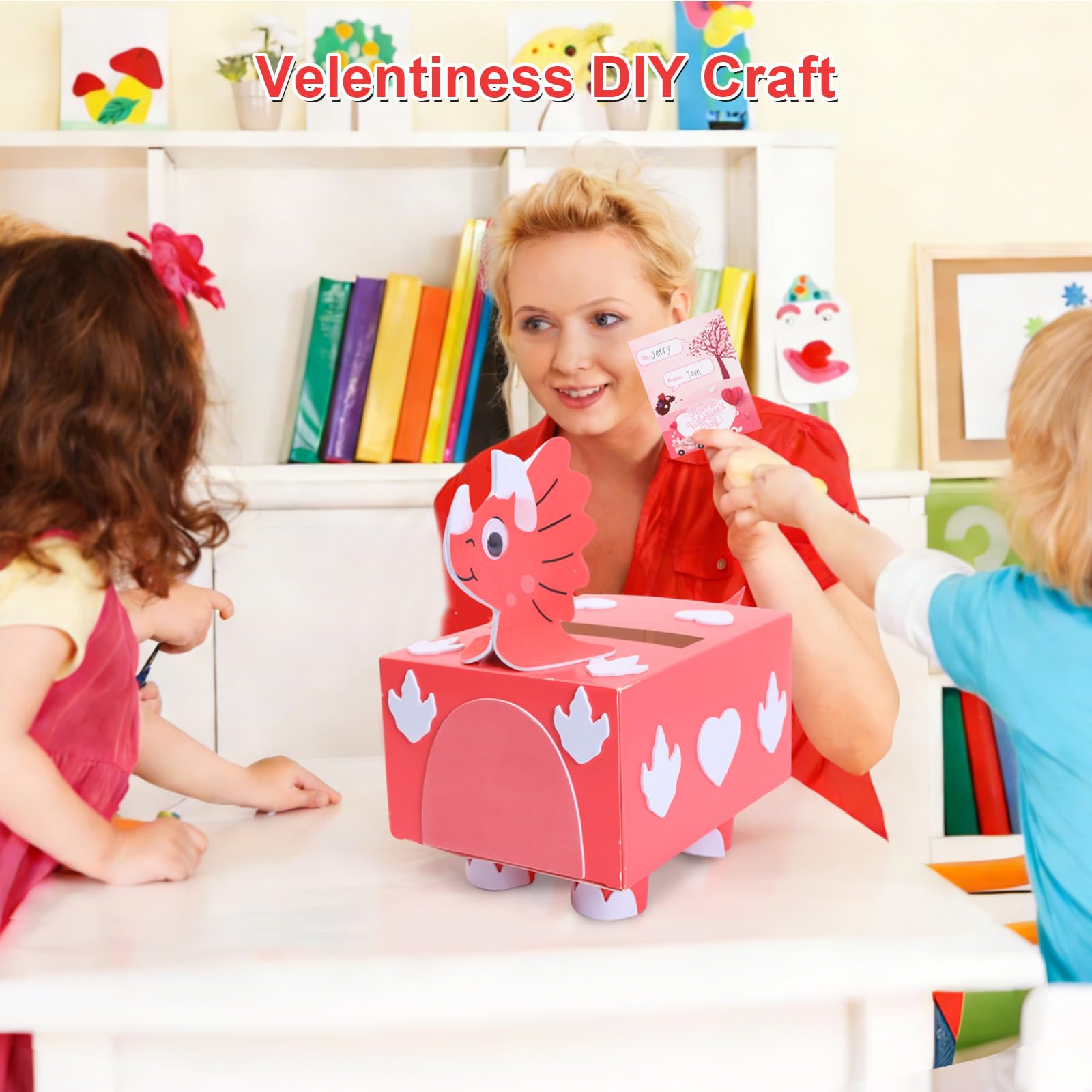 Fennoral 2 Pack Valentines DIY Mailbox for Kids Make You Own Valentine's Day Craft Kits with Foam Sticke Dinosaur Card Box for School Classroom Boys