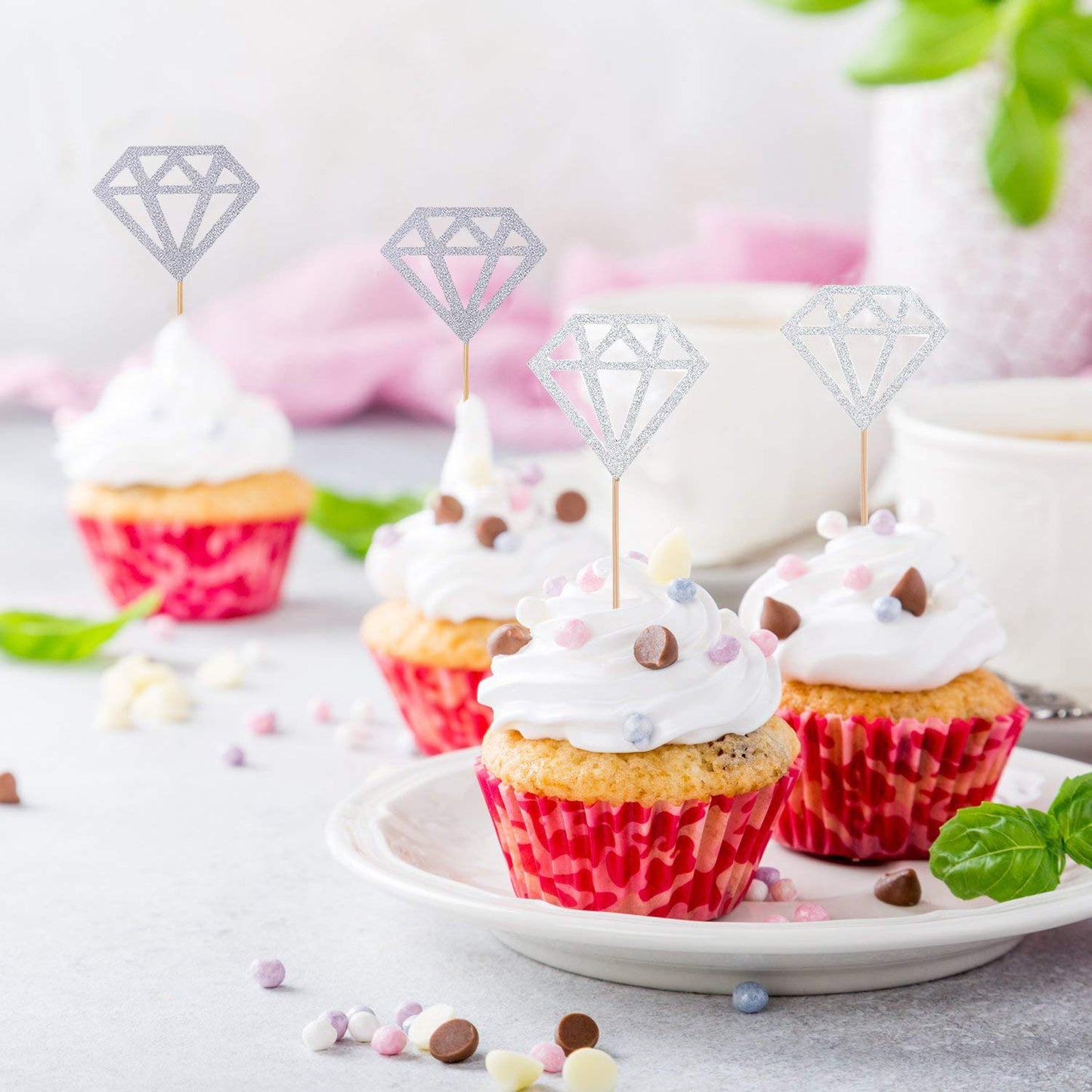 50 Pack Cupcake Toppers Silver Glitter Diamond Cakes Toppers Cupcake Decor Party Cake Decoration Supplies