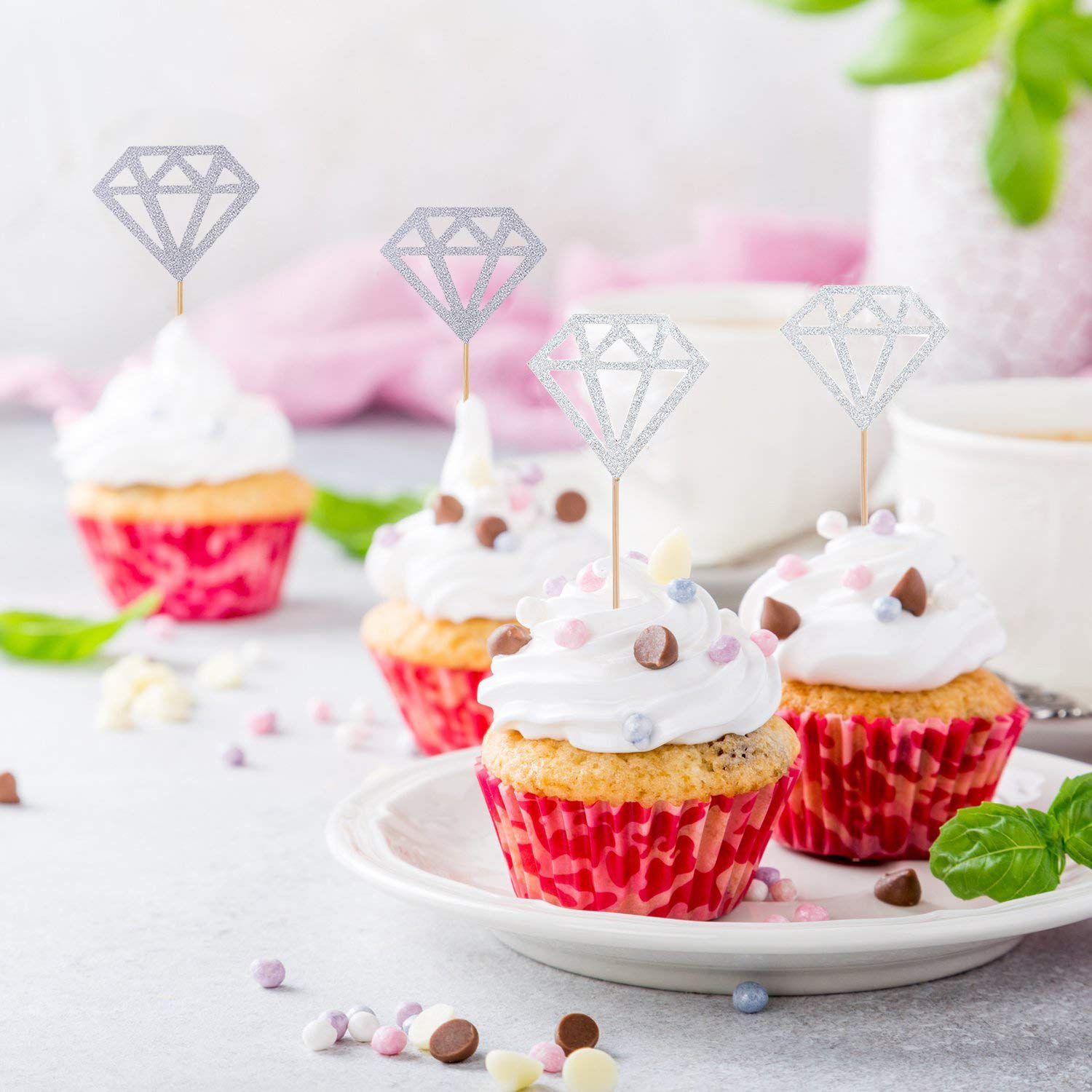 50 Pack Cupcake Toppers Silver Glitter Diamond Cakes Toppers Cupcake Decor Party Cake Decoration Supplies